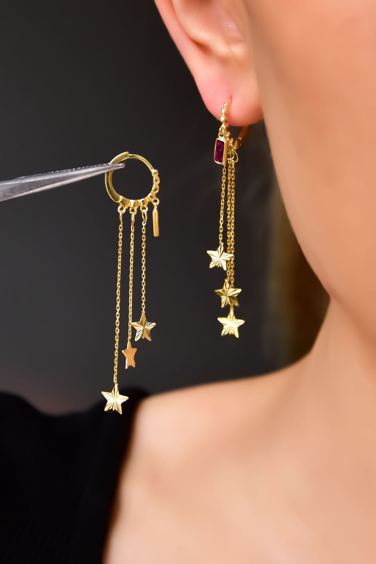 925 Ayar Gümüş Gold Kaplama Üçlü Zincir Yıldız Fuşya Baget Taşlı Halka Küpe