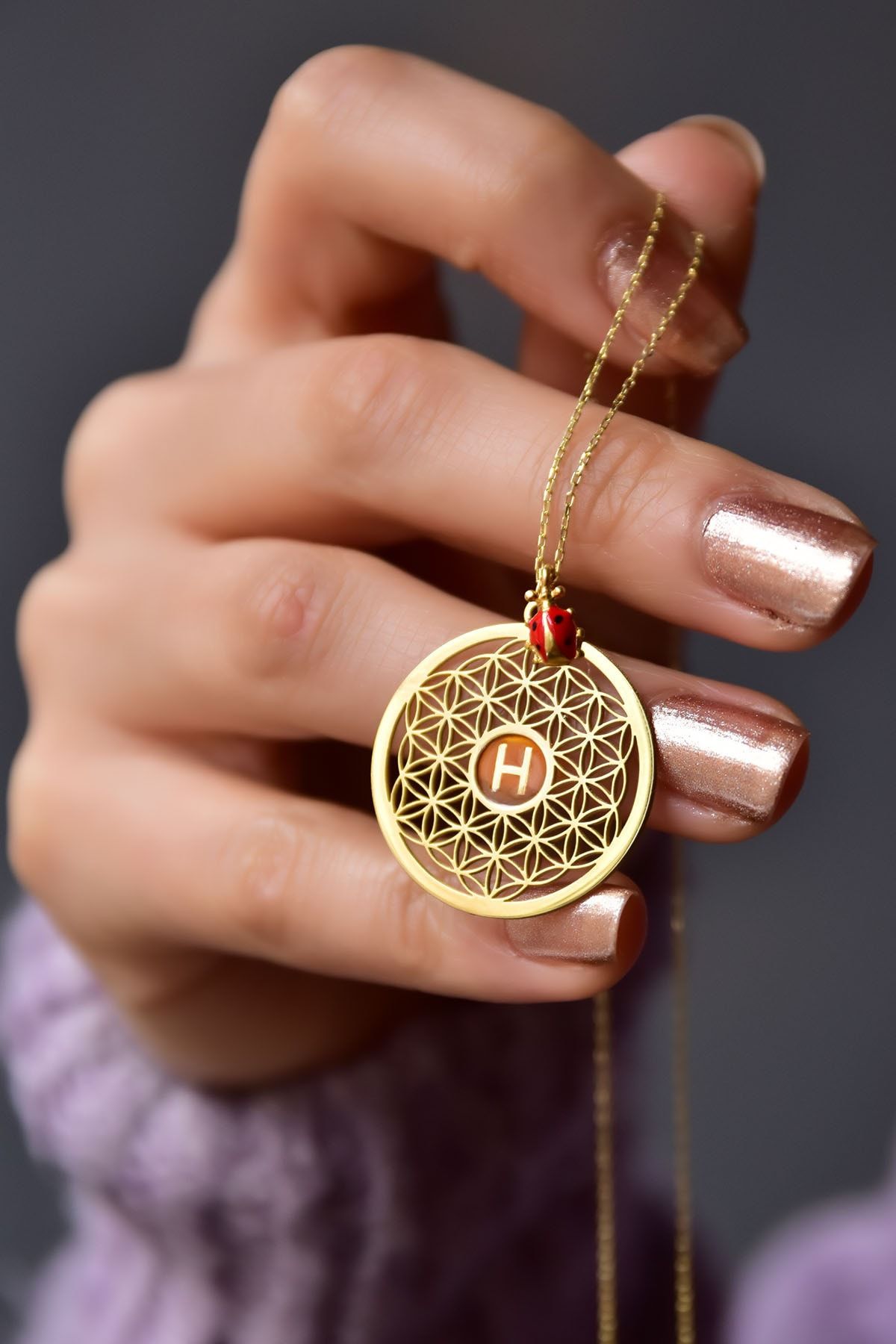 925 Ayar Gümüş Gold Kaplama Uğur Böceği Parlayan Rüya Serisi Harfli Yaşam Çiçeği Kolye