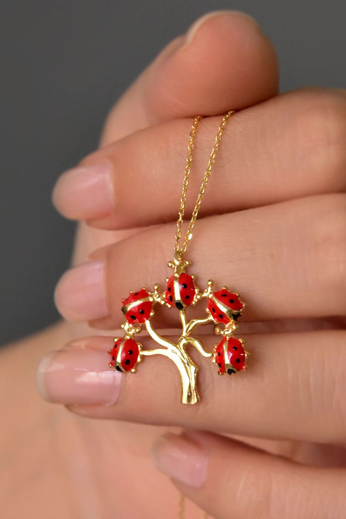 925 Ayar Gümüş Gold Kaplama Uğur Böcekli Hayat Ağacı