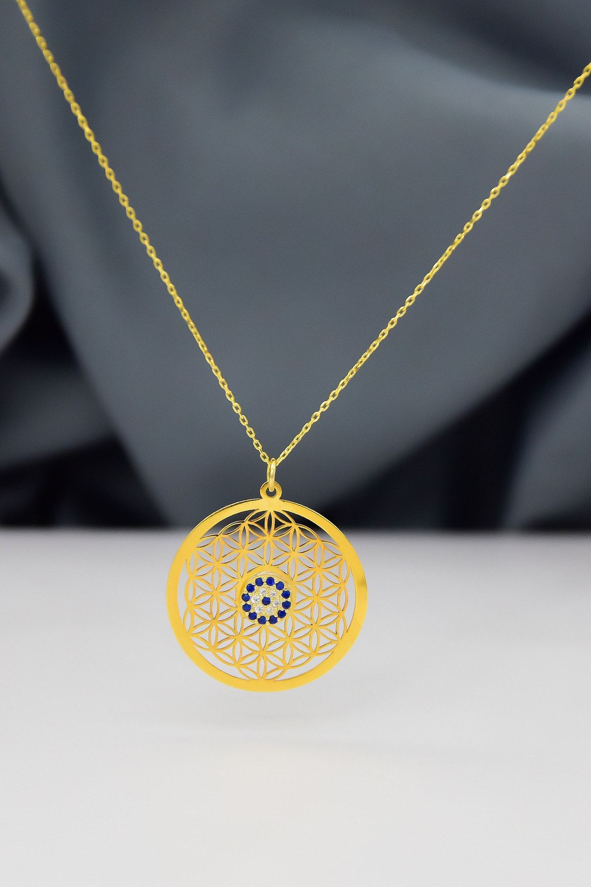 925 Ayar Gümüş Gold Kaplama Yaşam Çiçeği, Nazar Boncuğu Detaylı Kolye