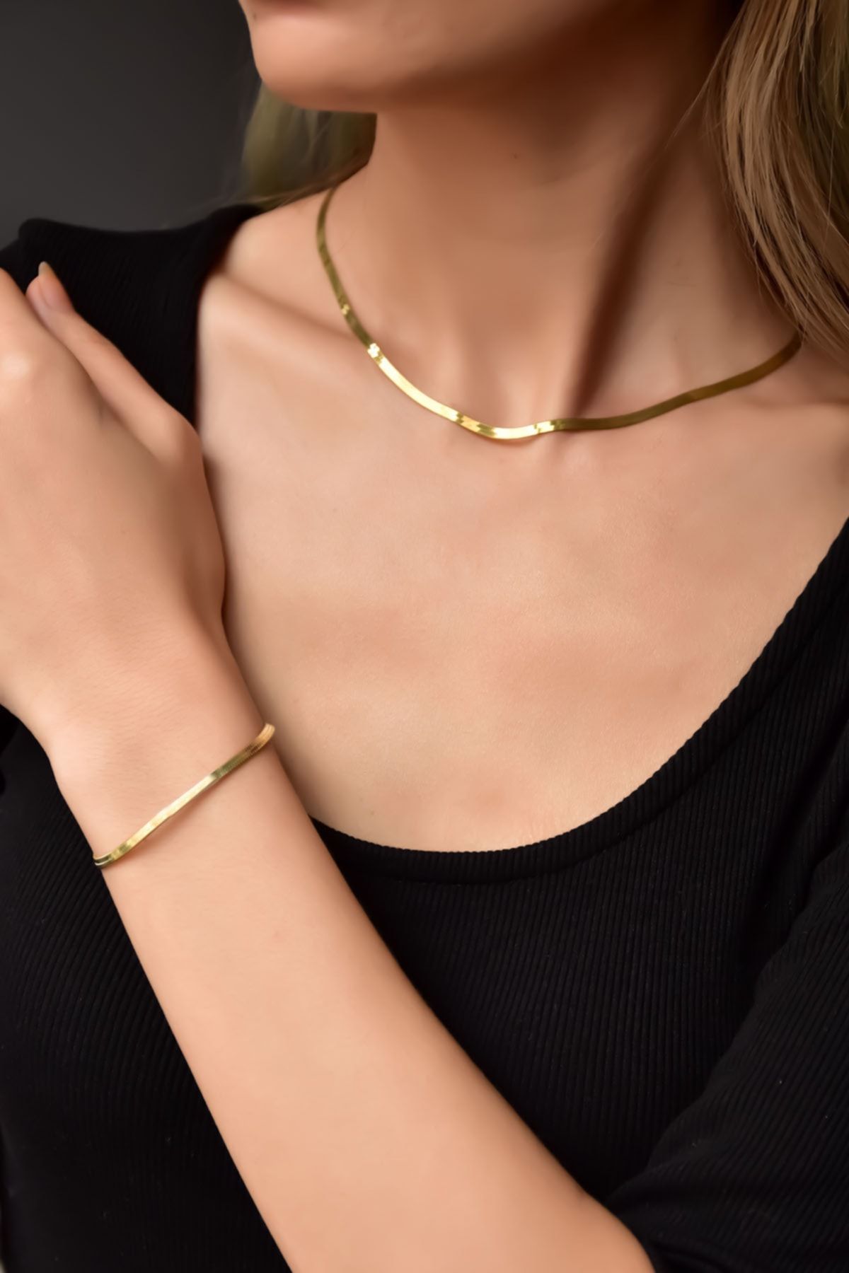 925 Ayar Gümüş Gold Kaplama Yassı Italyan Zincir Kolye Ve Bileklik Set