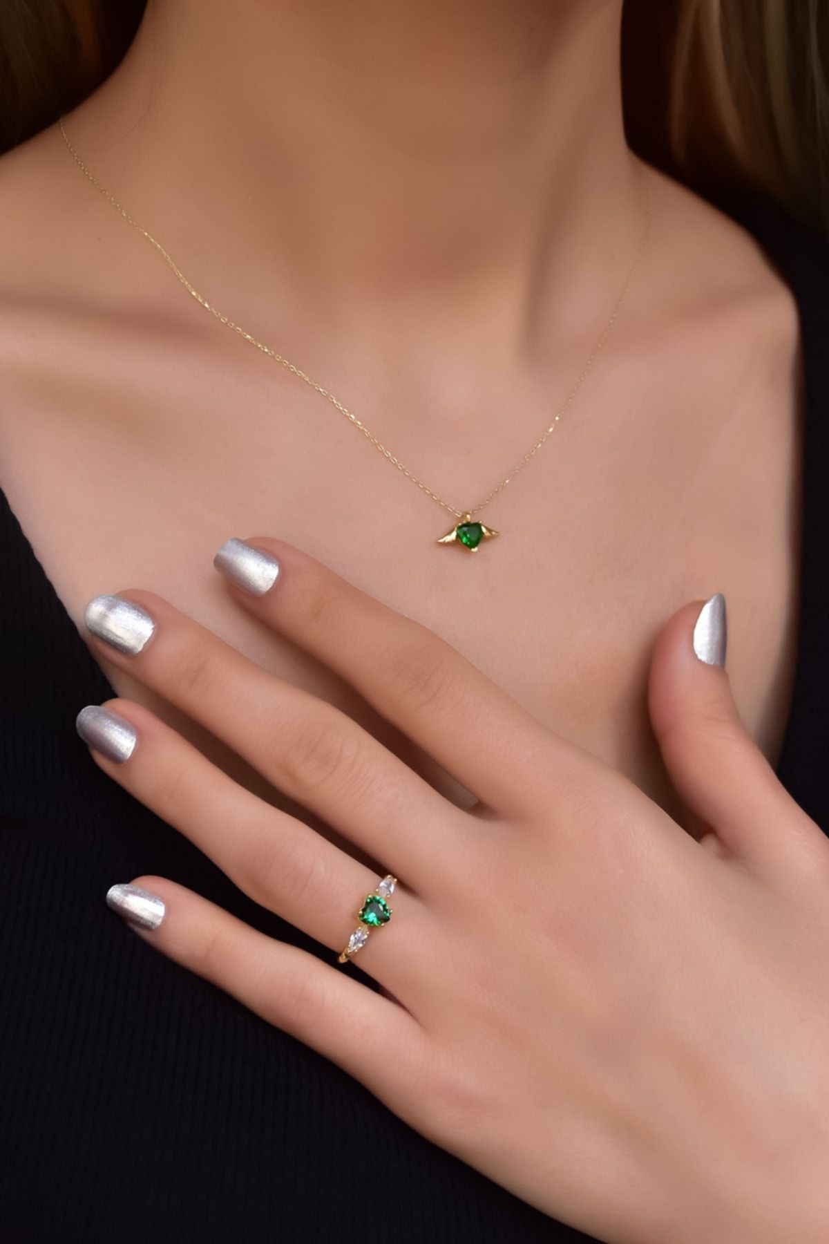 925 Ayar Gümüş Gold Kaplama Yeşim Renkli Kalp Kanat Kolye Ve Ayarlanabilir Kalpli Prenses Yüzük Set