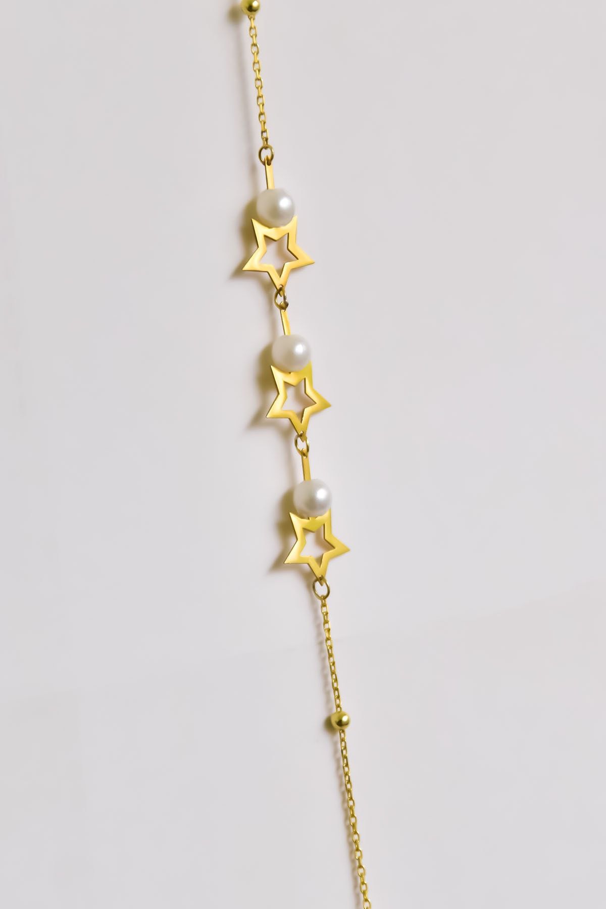 925 Ayar Gümüş Gold Kaplama Yıldız Işıltılı Inci Bileklik