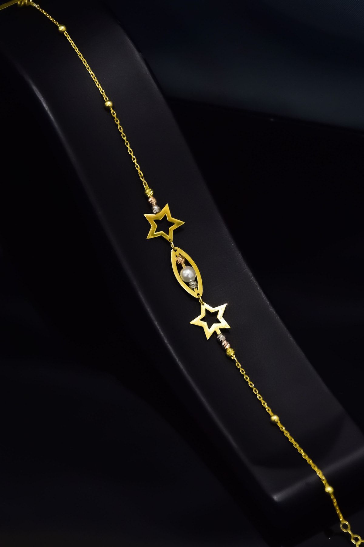 925 Ayar Gümüş Gold Kaplama Yıldız Ve Oval Incili, Dorikalı Bileklik