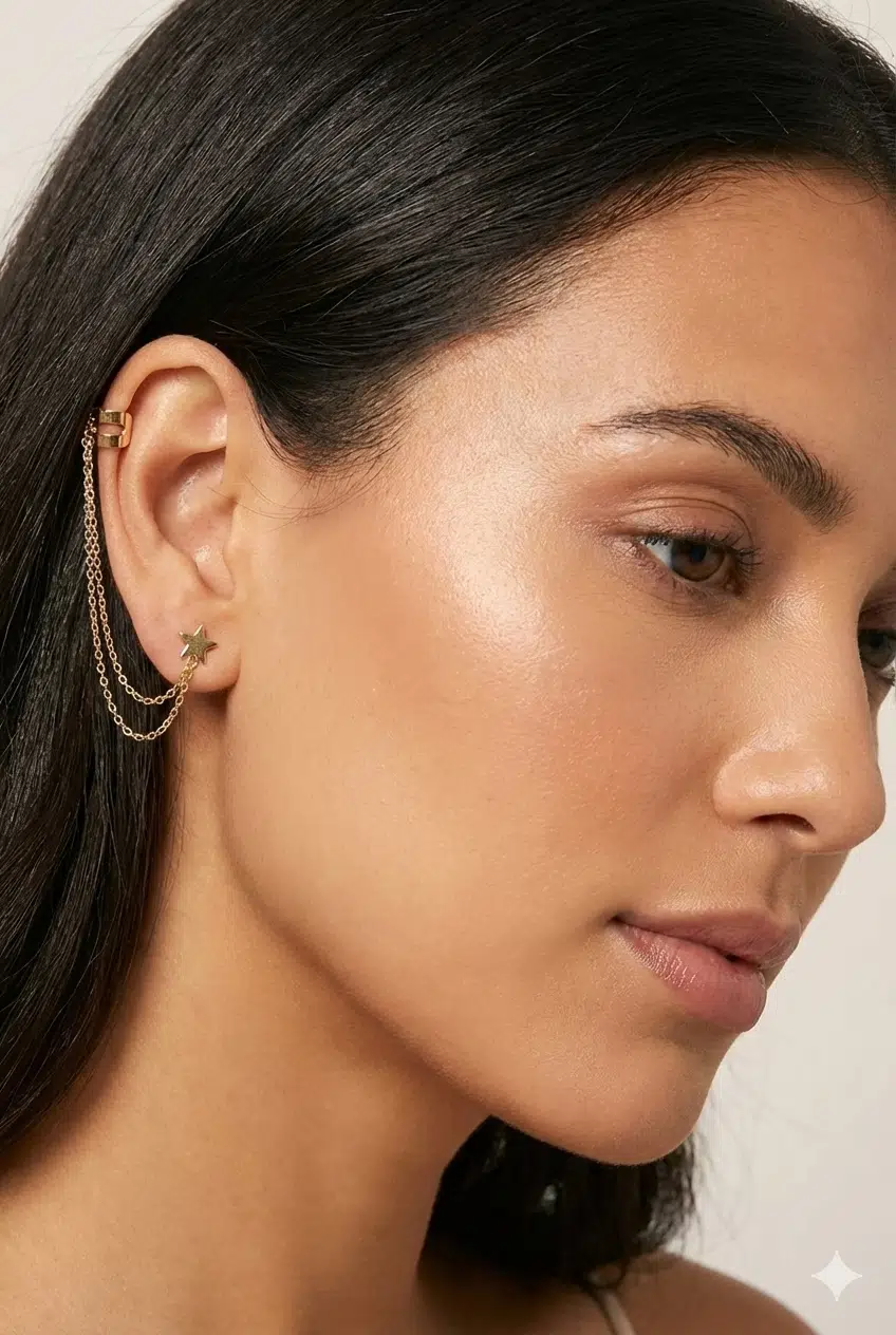 925 Ayar Gümüş Gold Kaplama Zincirli Yıldız Kıkırdak Küpe