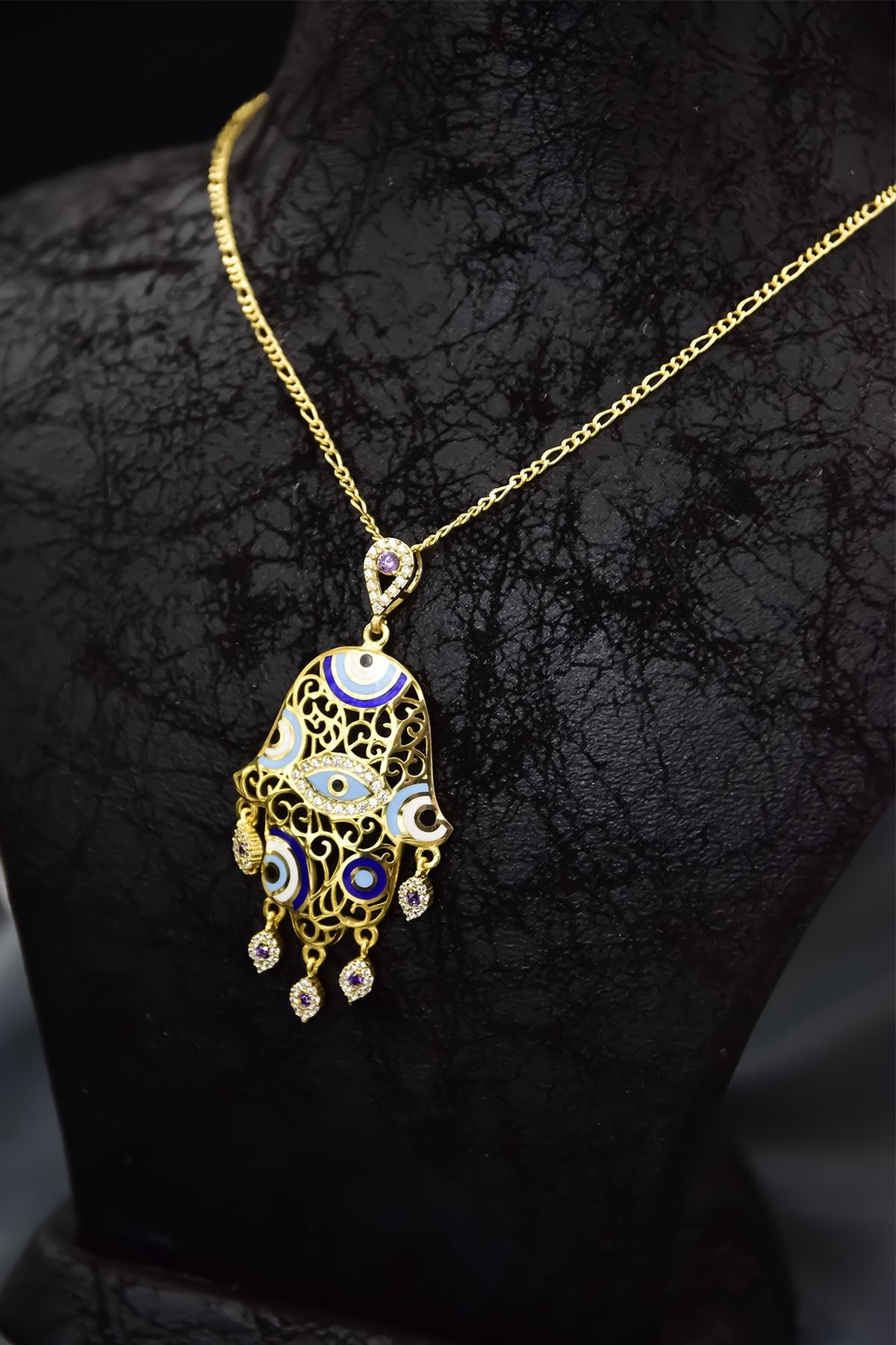 925 Ayar Gümüş Gold Kaplama Zirkon Mor Taşlı Nazar Gözlü Mineli Fatma Eli Kolye