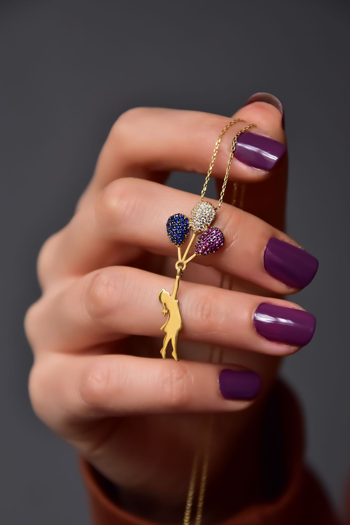 925 Ayar Gümüş Gold Kaplama Zirkon Renkli Taşlı Balon Kız Kolye