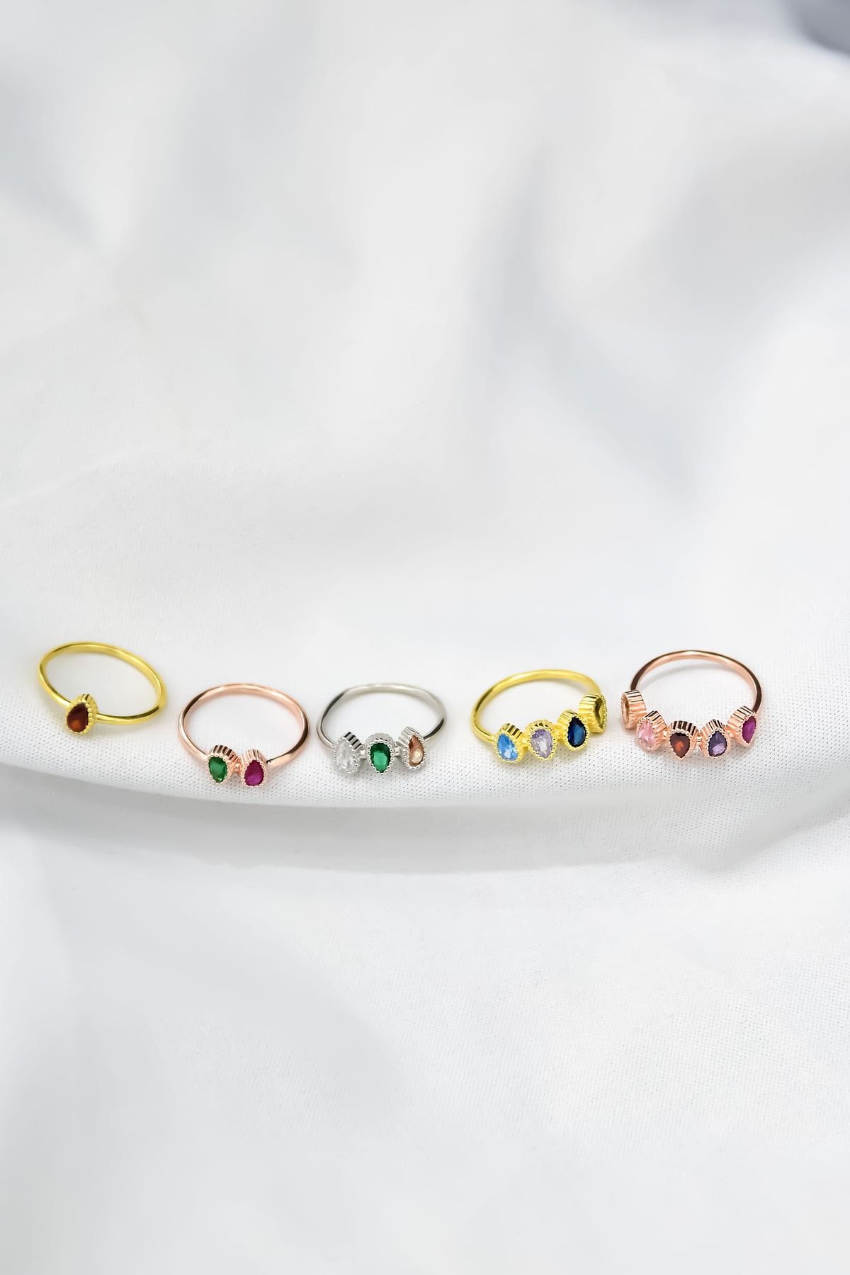 925 Ayar Gümüş Gold Kaplama Zirkon Taşlı, Damla Doğum Taşlı Yüzük