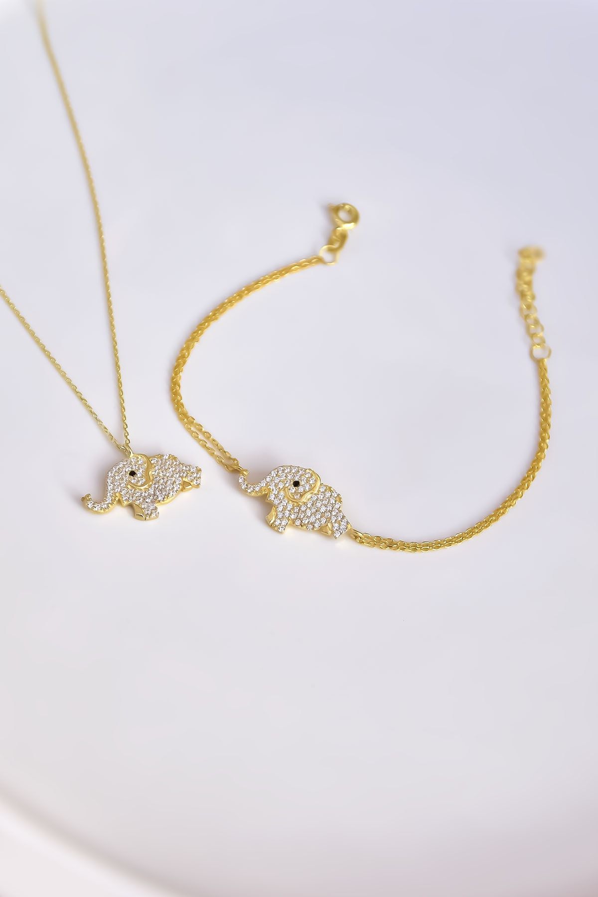 925 Ayar Gümüş Gold Kaplama Zirkon Taşlı Fil Kolye Ve Bileklik Set