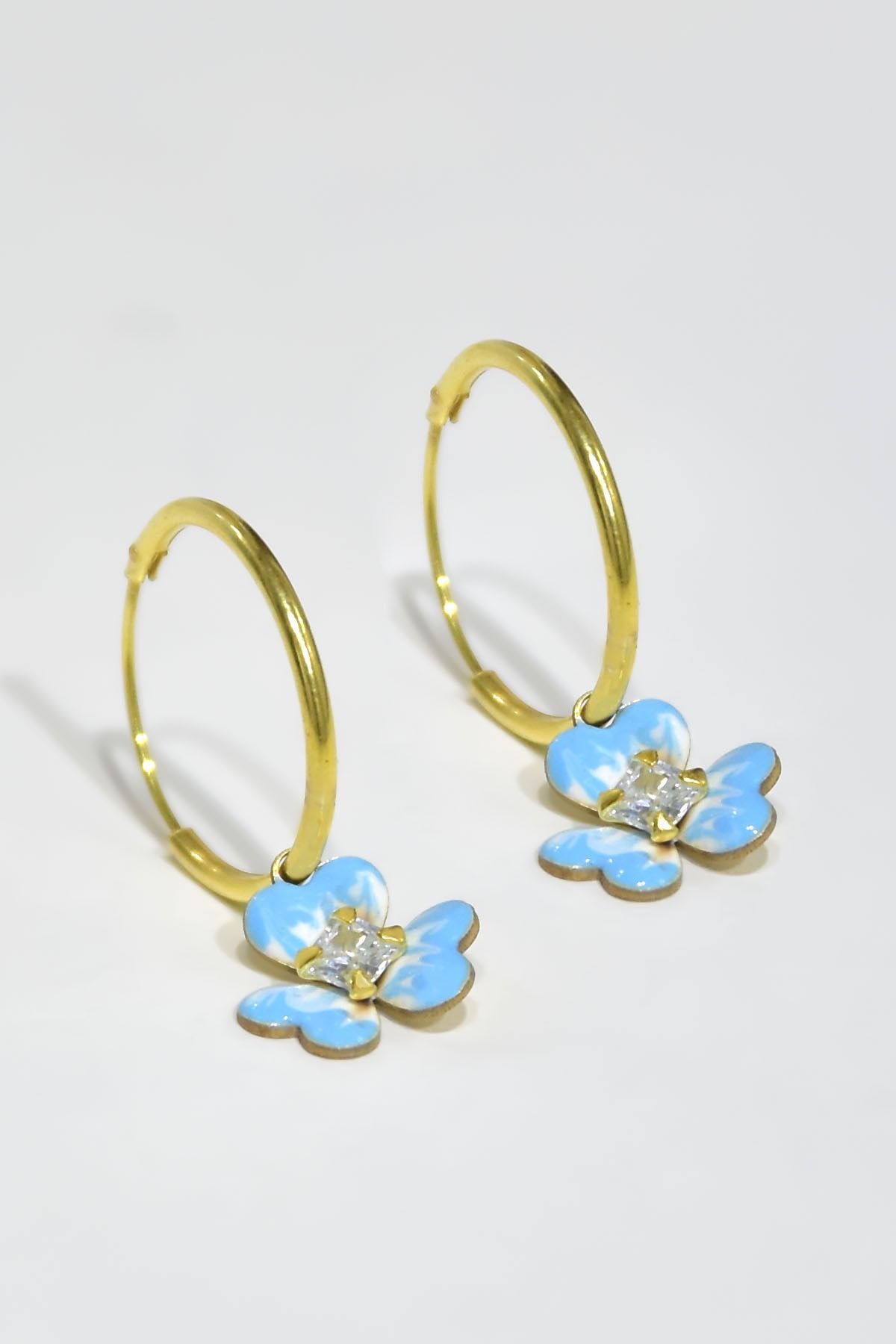 925 Ayar Gümüş Gold Kaplama Zirkon Taşlı Mavi Mineli Frezya Çiçeği Halka Küpe