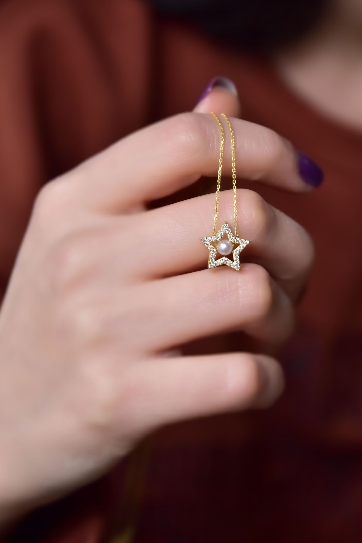 925 Ayar Gümüş Gold Kaplama Zirkon Taşlı Montür Incili Yıldız Kolye