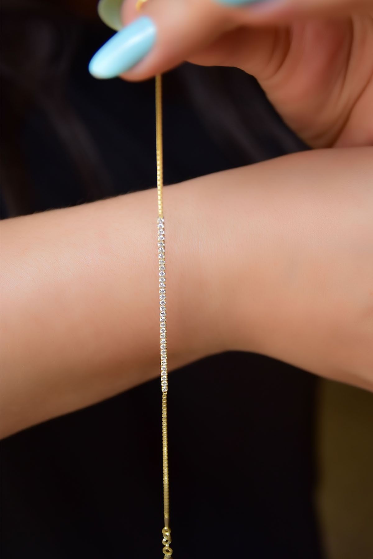 925 Ayar Gümüş Gold Kaplama Zirkon Taşlı Su Yolu Bileklik