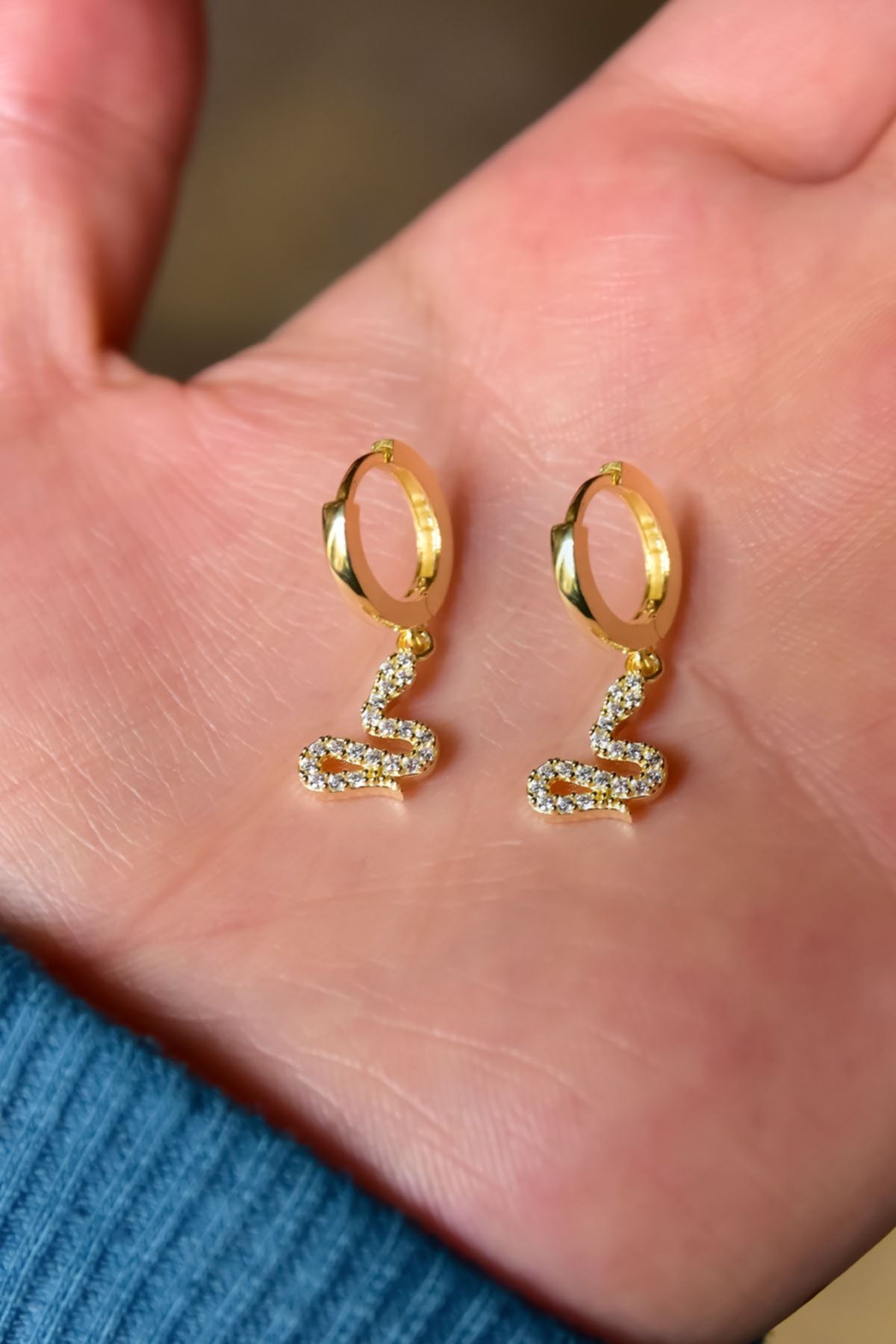 925 Ayar Gümüş Gold Kaplama Zirkon Taşlı Yılan Halka Küpe