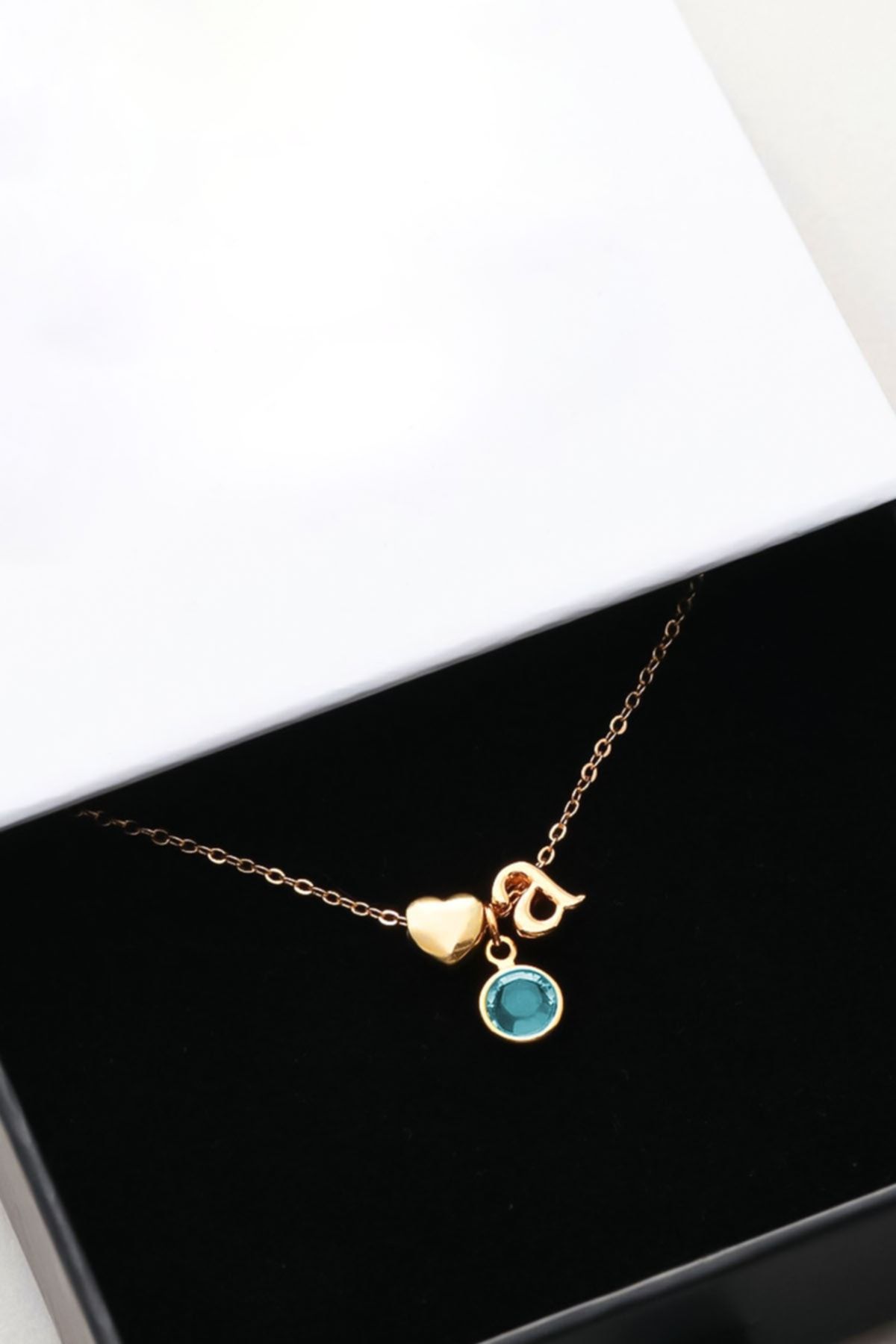 925 Ayar Gümüş Gold Mini Üç Boyutlu A Harfi Kalp Doğum Taşlı Kolye