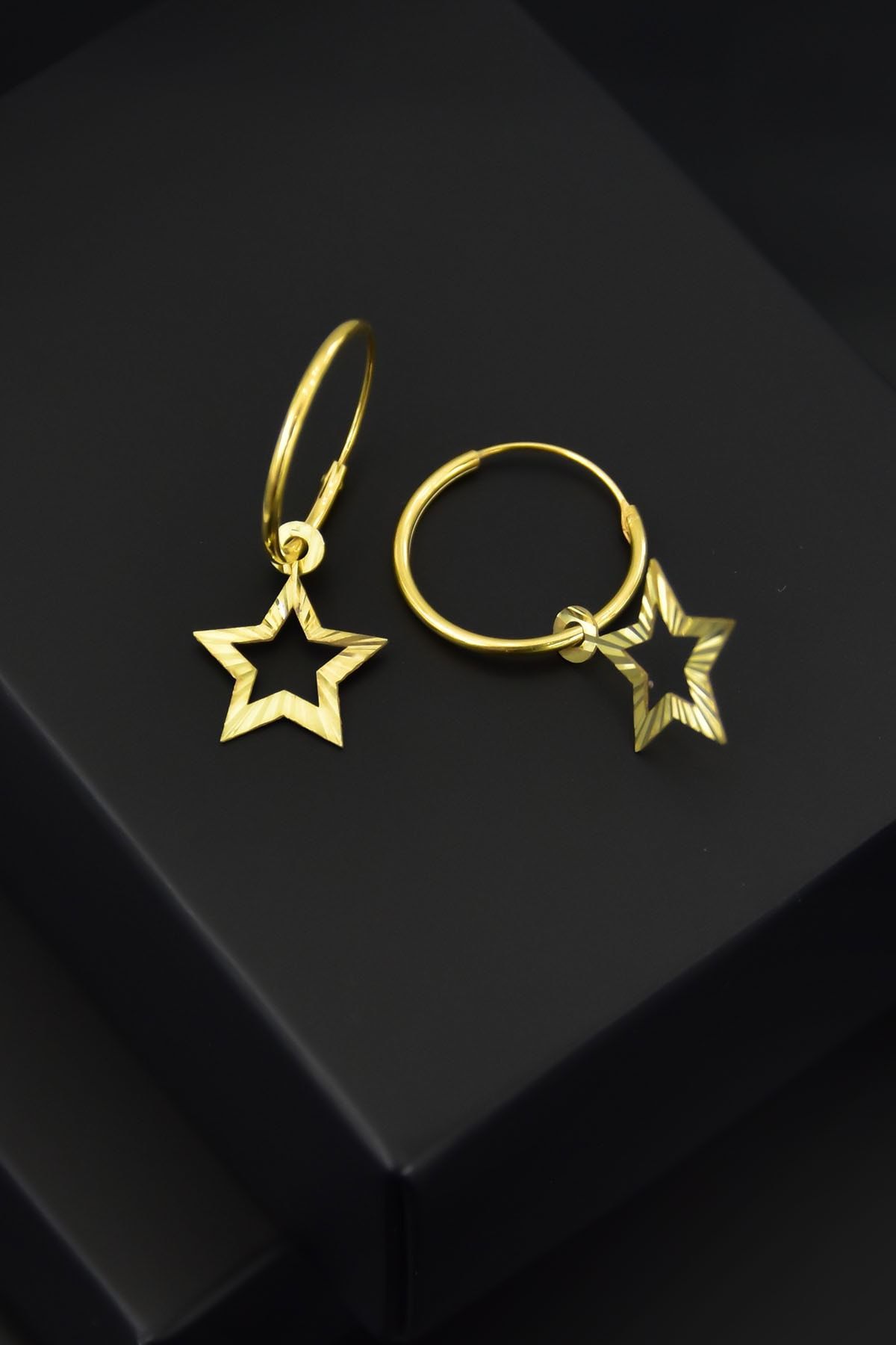 925 Ayar Gümüş .gold.rodaj.rose.renkli.kalemli Yıldız Halka Küpe