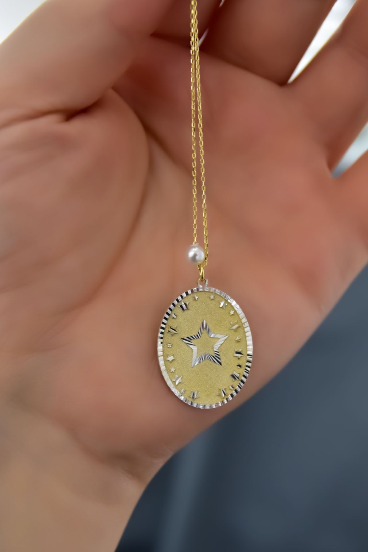 925 Ayar Gümüş Gold Rodyum Kaplama Incili Stars Plaka Kolye