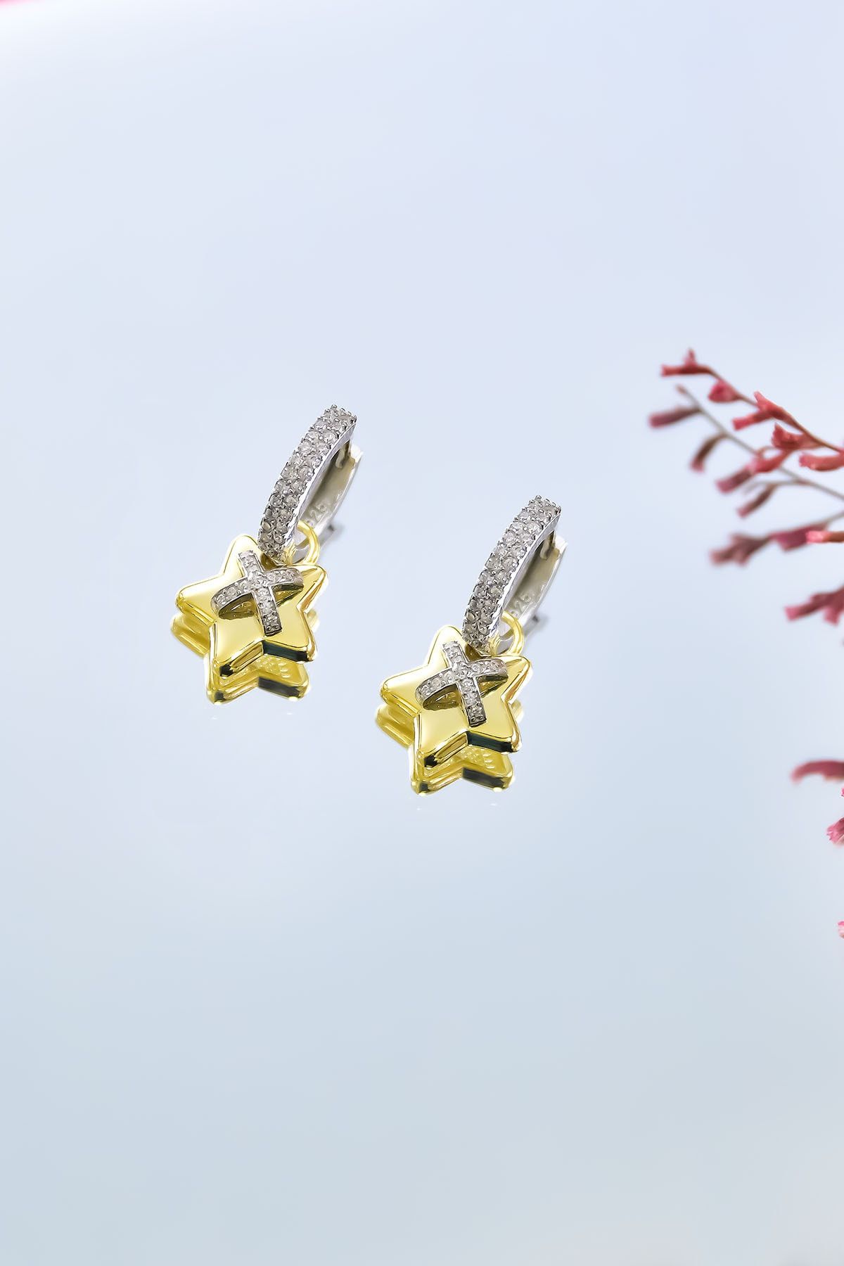 925 Ayar Gümüş Gold-rodyum Kaplama Zirkon Taşlı Tasarım Yıldız , X Halka Küpe