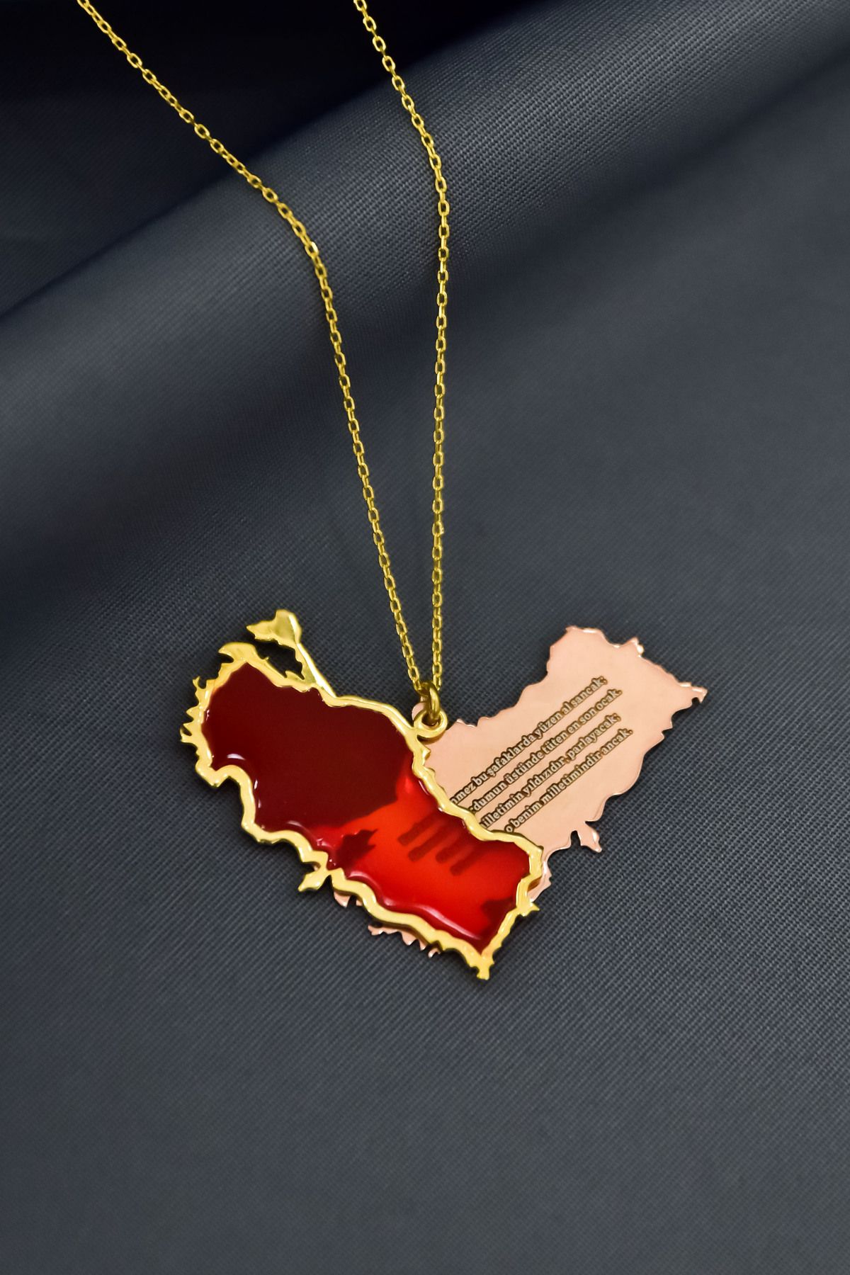 925 Ayar Gümüş Gold-Rose Kaplama Rüya Serisi Cam Boyalı İstiklal Marşı, Türkiye Haritası Kolye