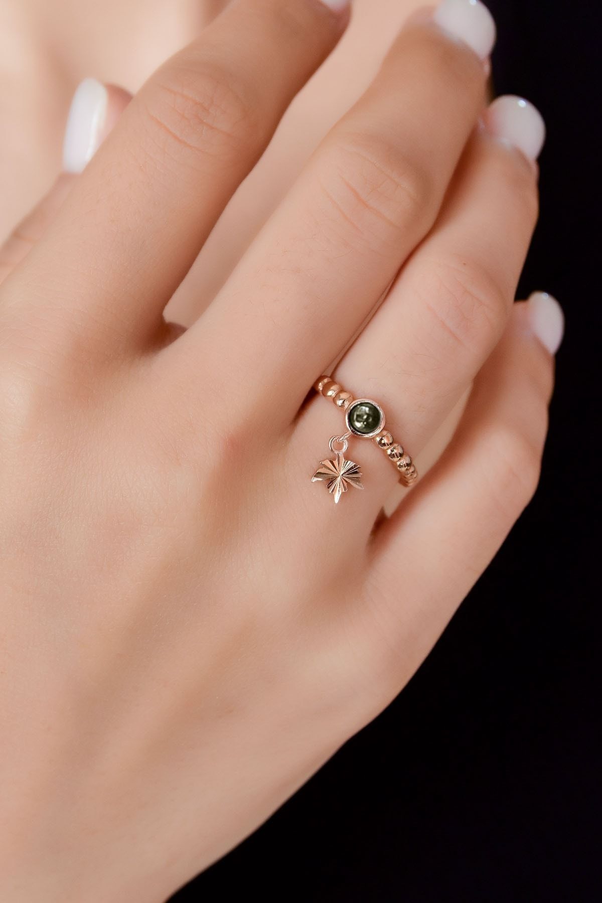 925 Ayar Gümüş Haki Ay Taşlı Çınar Motifli Ayarlanabilir Kadın Yüzük