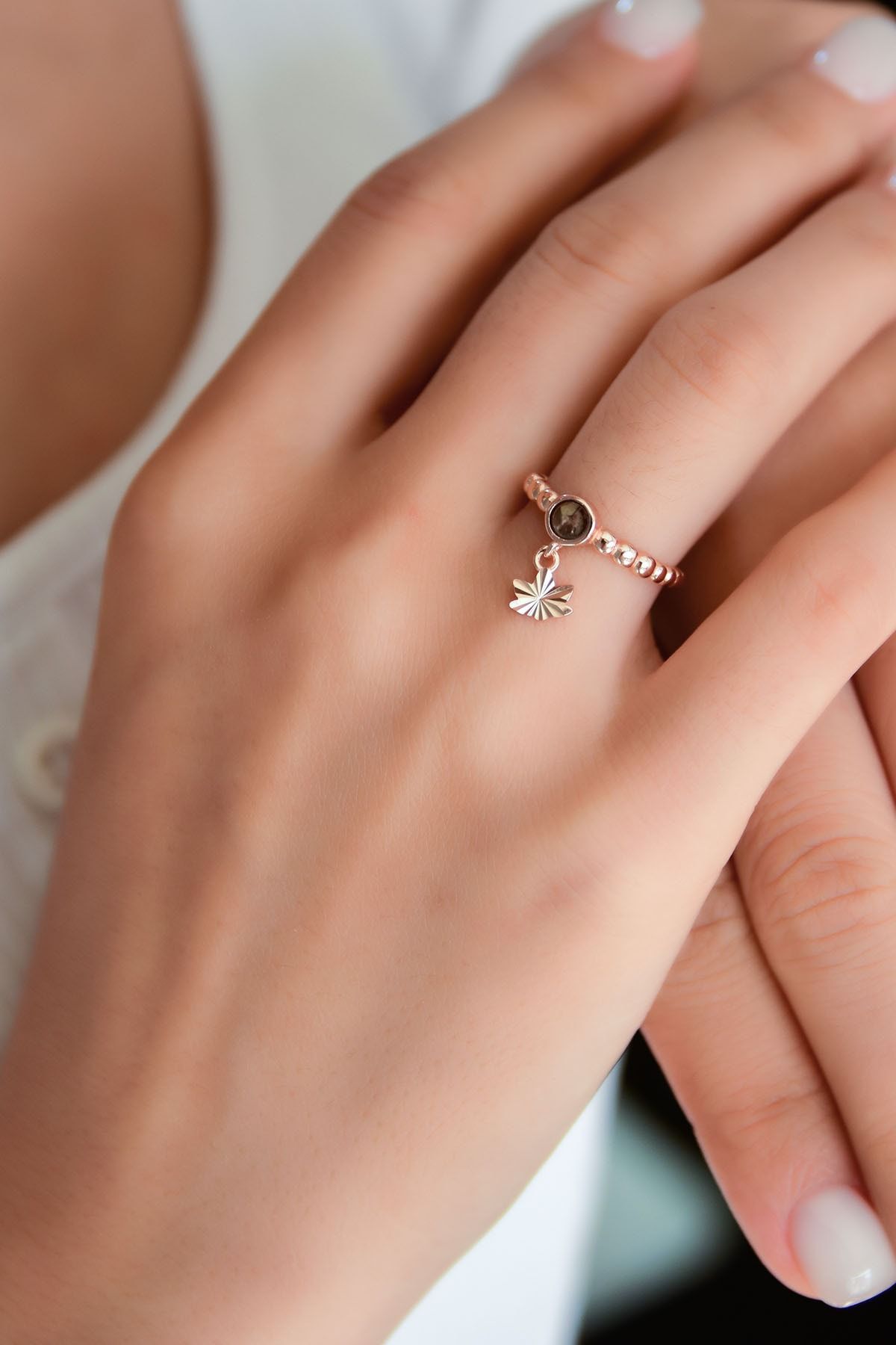 925 Ayar Gümüş Haki Ay Taşlı Lotus Motifli Ayarlanabilir Kadın Yüzük