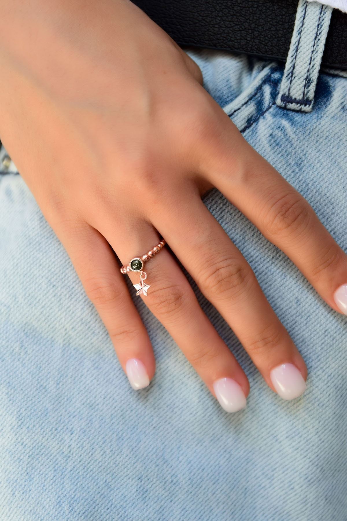 925 Ayar Gümüş Haki Ay Taşlı Yıldız Motifli Ayarlanabilir Kadın Yüzük