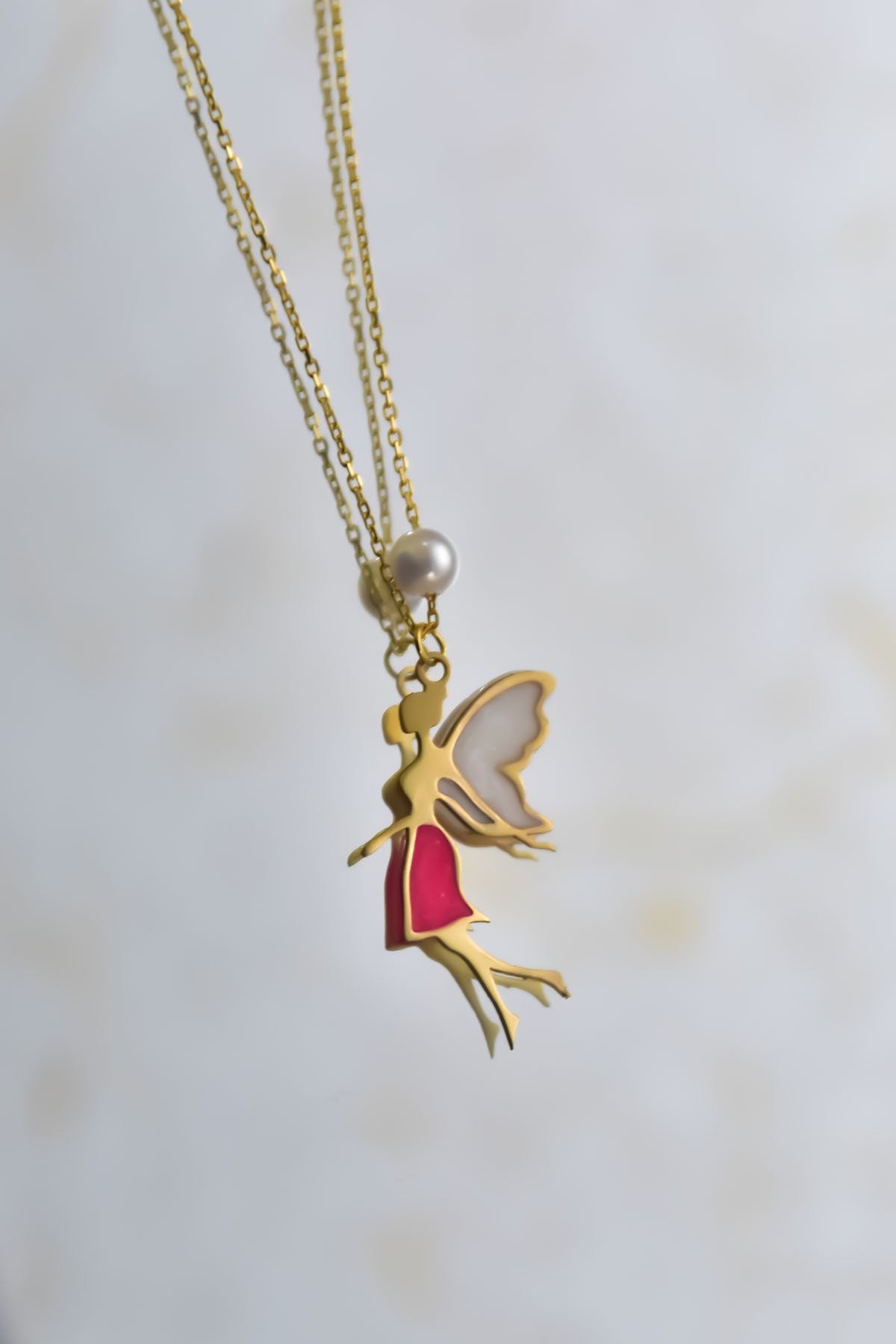 925 Ayar Gümüş Incili Parlayan Rüya Serisi Tasarım Fuşya Ebruli Cam Boyalı Su Perisi Kolye