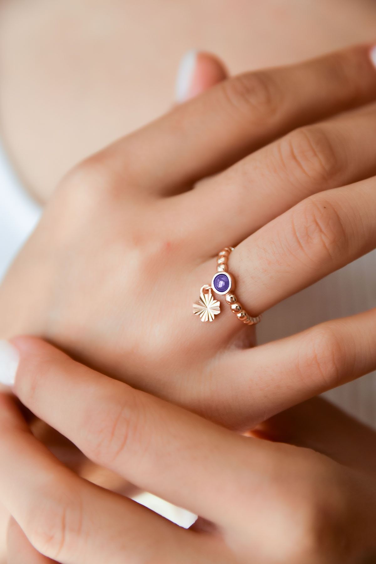 925 Ayar Gümüş Indigo Ay Taşlı Çiçek Motifli Ayarlanabilir Kadın Yüzük