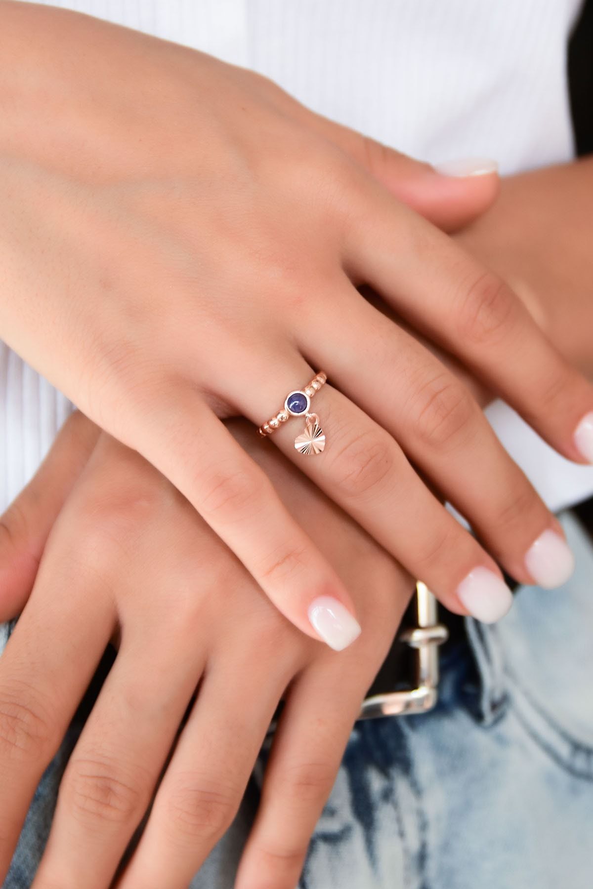 925 Ayar Gümüş Indigo Ay Taşlı Kalp Motifli Ayarlanabilir Kadın Yüzük