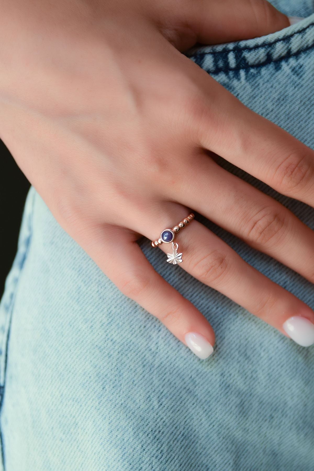925 Ayar Gümüş Indigo Ay Taşlı Lotus Motifli Ayarlanabilir Kadın Yüzük