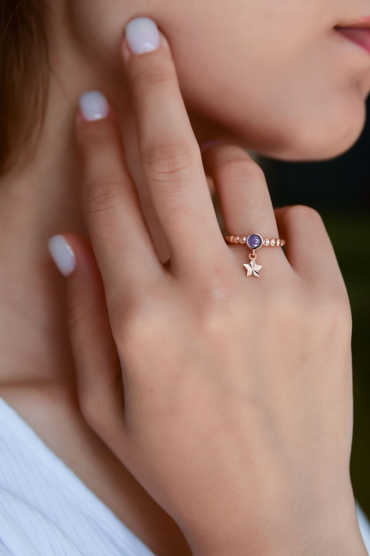 925 Ayar Gümüş Indigo Ay Taşlı Yıldız Motifli Ayarlanabilir Kadın Yüzük