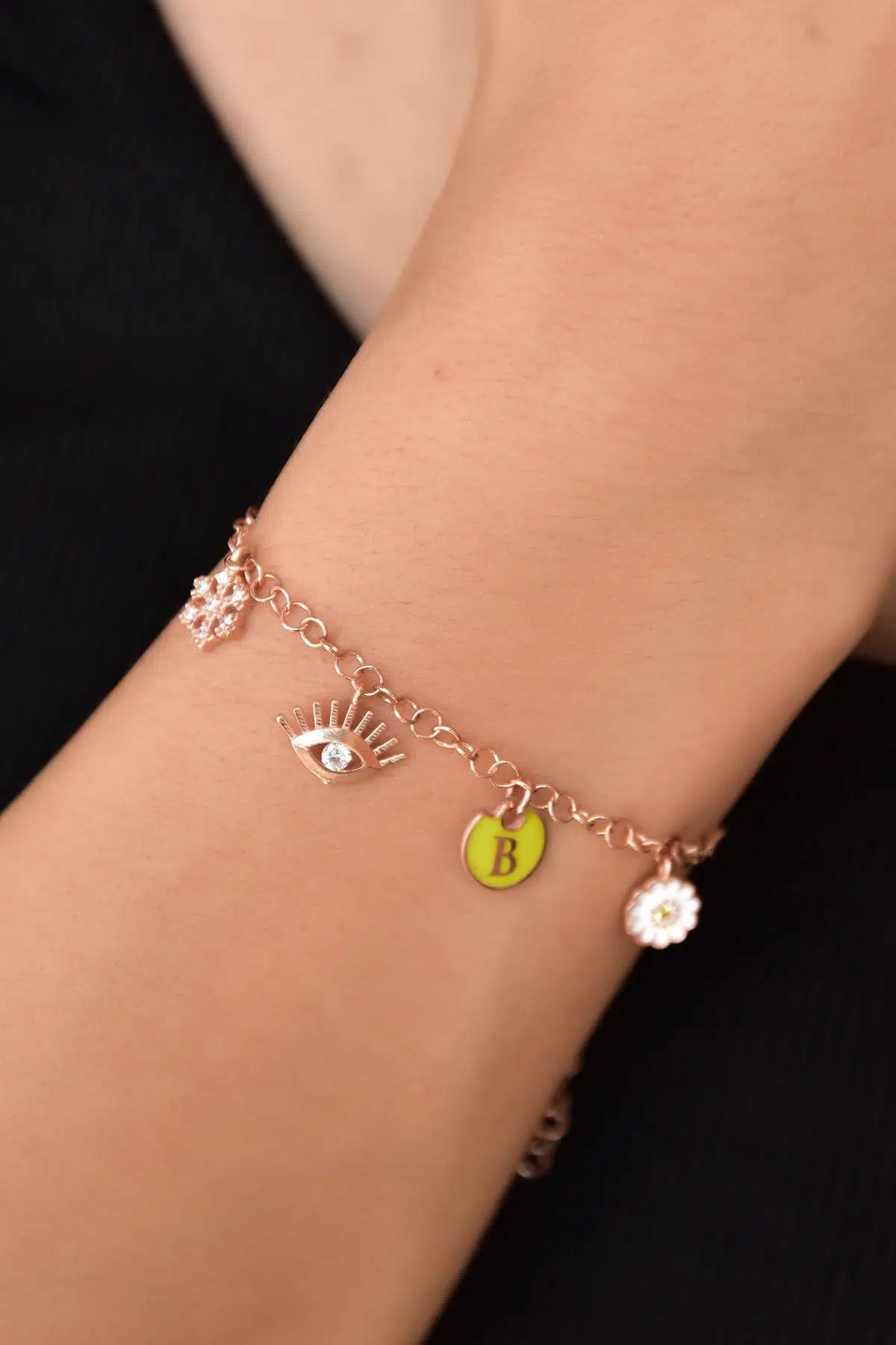 925 Ayar Gümüş Kartanesi Göz Harf Papatya Şans Bileklik