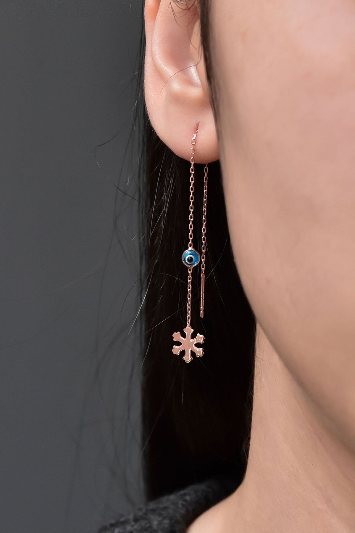 925 Ayar Gümüş Kartanesi Zincir Cam Göz Kadın Küpe