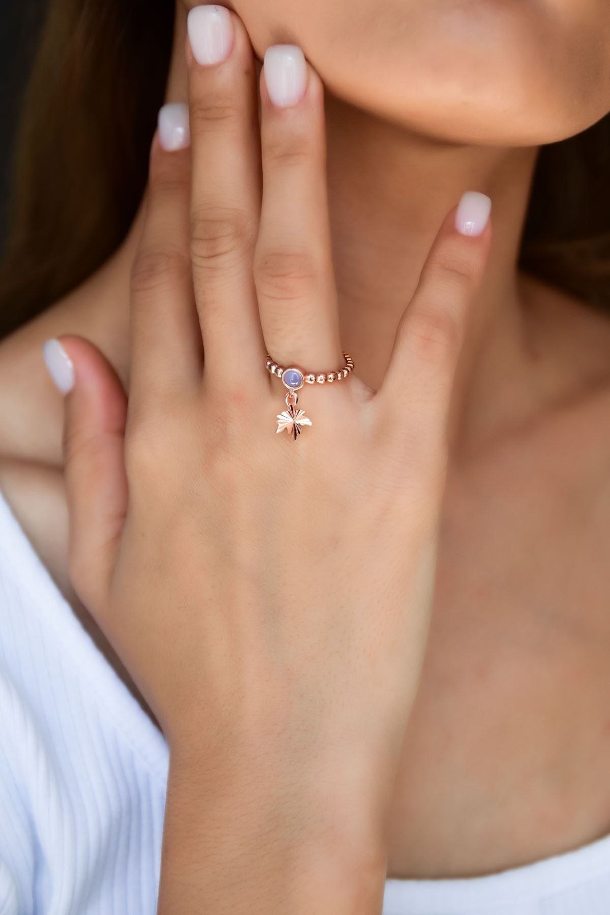 925 Ayar Gümüş Lila Ay Taşlı Çınar Motifli Ayarlanabilir Kadın Yüzük