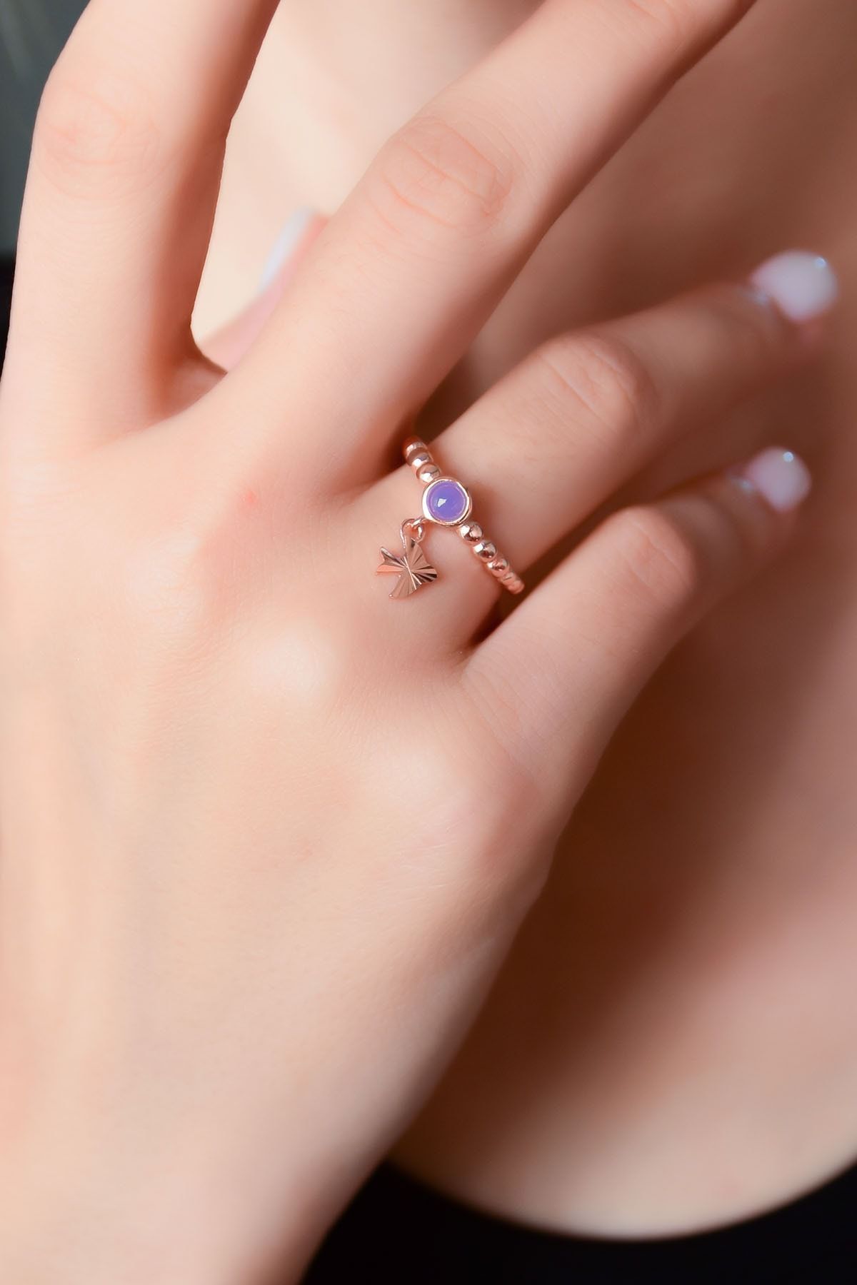 925 Ayar Gümüş Lila Ay Taşlı Kırlangıç Motifli Ayarlanabilir Kadın Yüzük