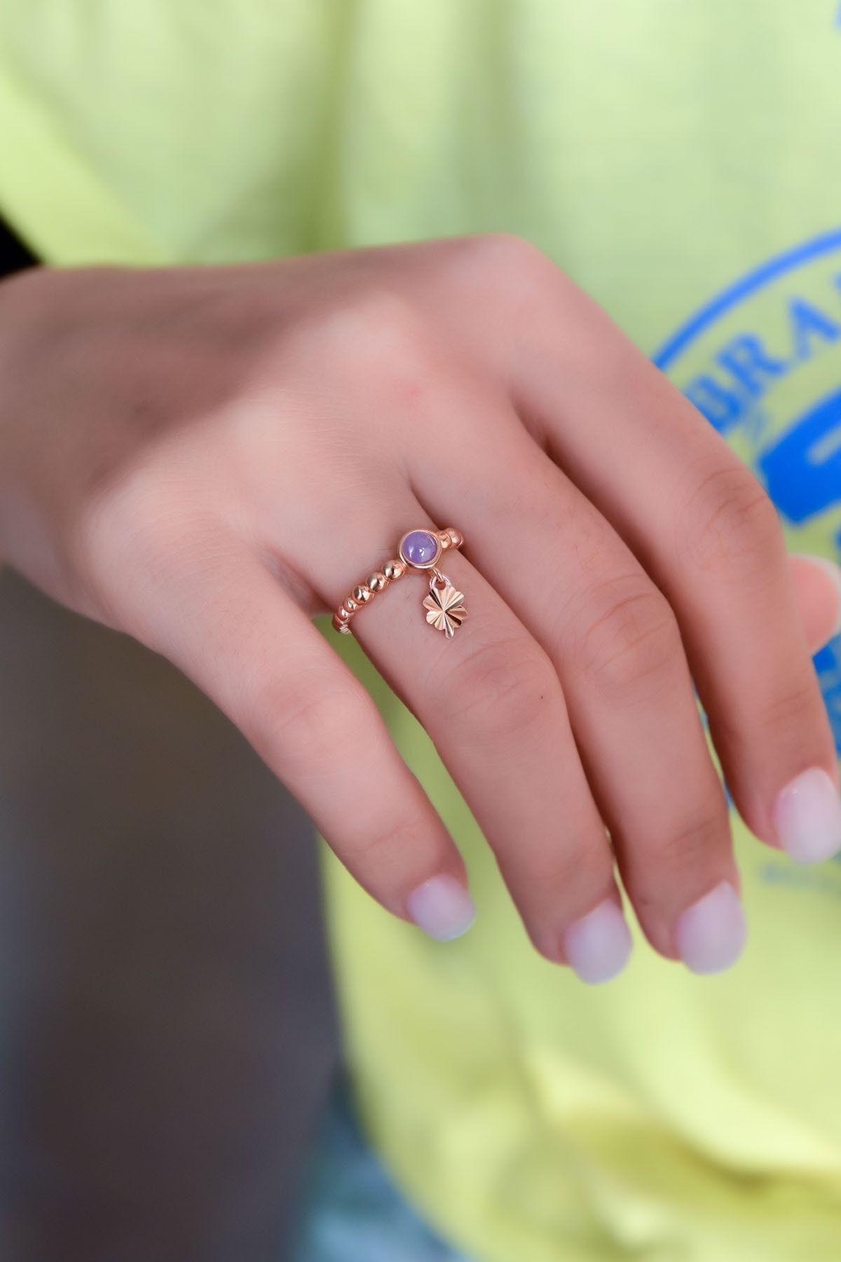 925 Ayar Gümüş Lila Ay Taşlı Yonca Motifli Ayarlanabilir Kadın Yüzük