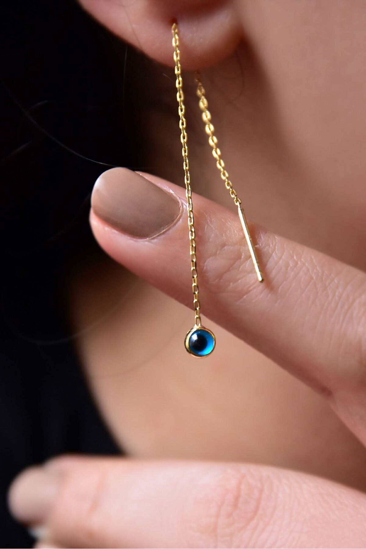 925 Ayar Gümüş Mavi Nazar Mineli Zincir Küpe