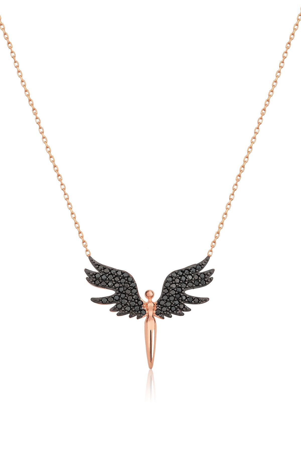 925 Ayar Gümüş Melek Kolye Rose Altın Kaplama Siyah Nano Zirkon Taşlı