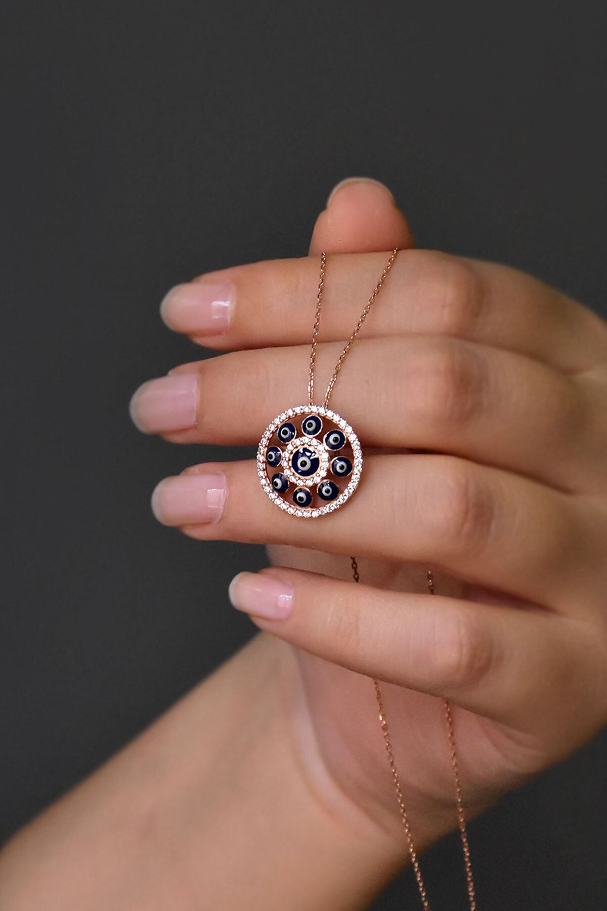 925 Ayar Gümüş Mine Gözlü Halka Kolye