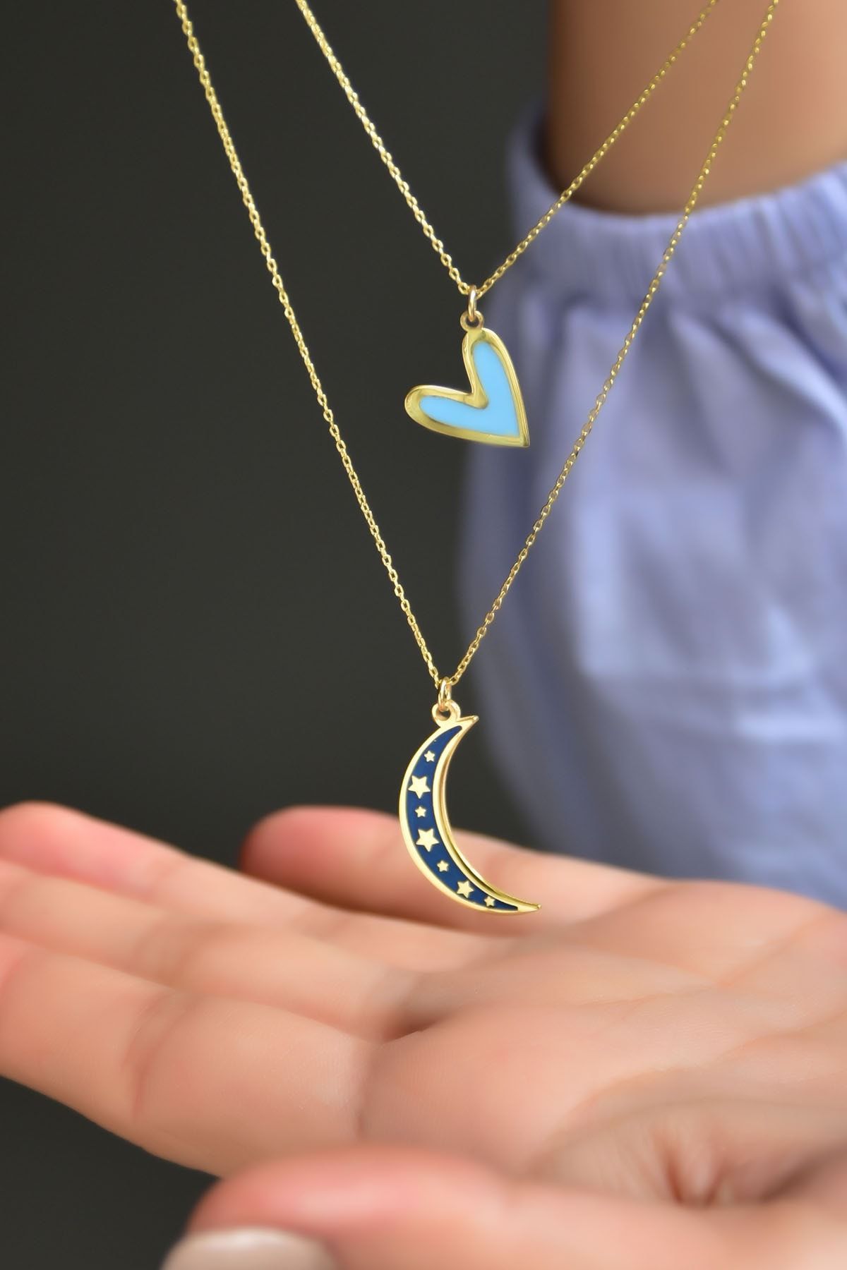 925 Ayar Gümüş Mineli Mavi Kalp Lacivert Ay Asansör Kolye