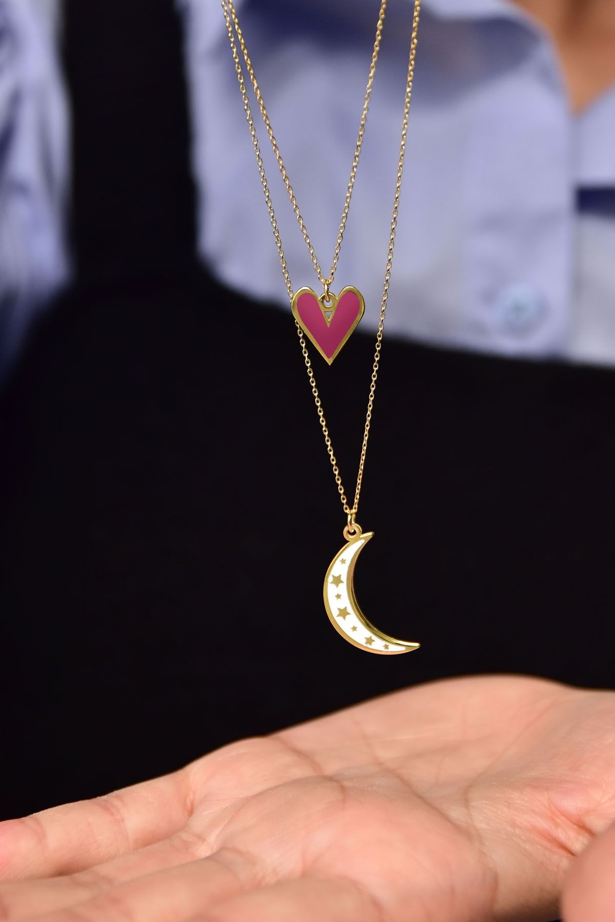 925 Ayar Gümüş Mineli Turuncu Kalp Beyaz Ay Asansör Kolye