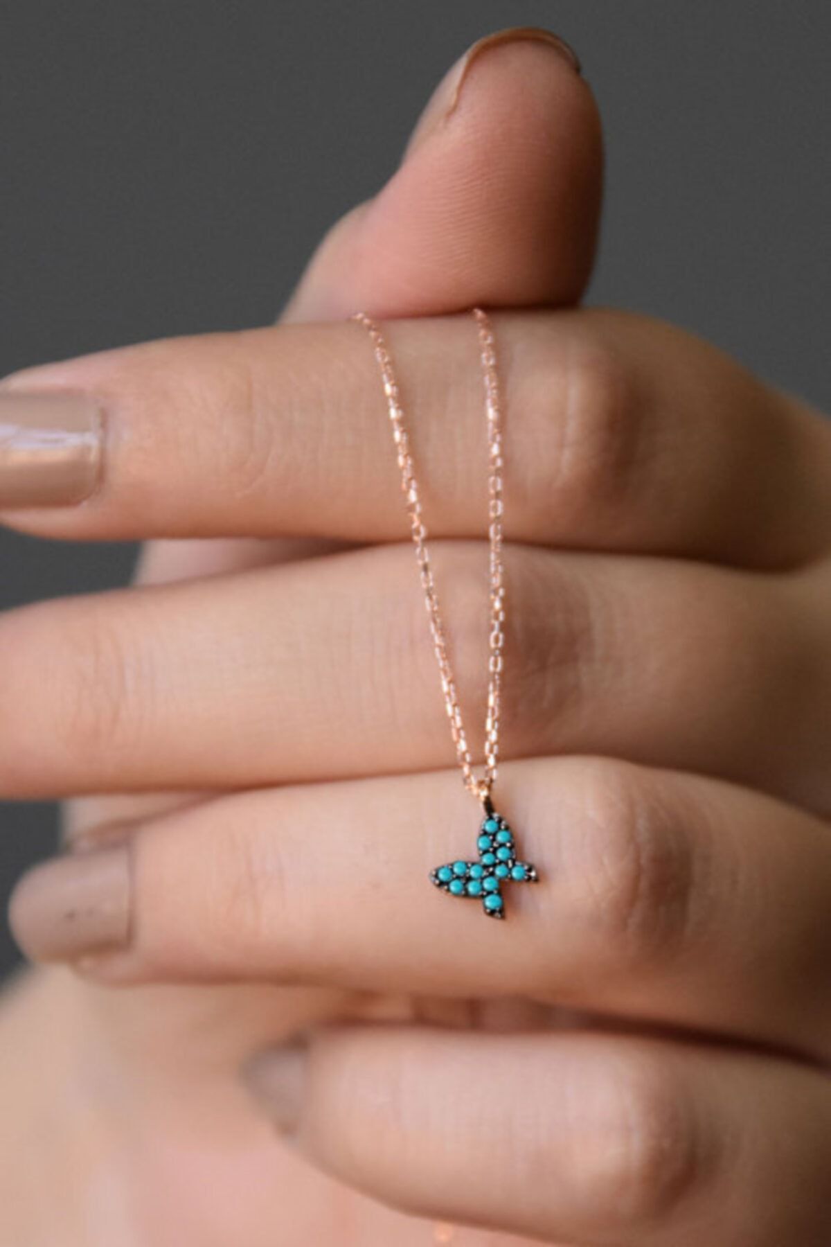 925 Ayar Gümüş Mini Firuze Taşlı Kelebek Kolye