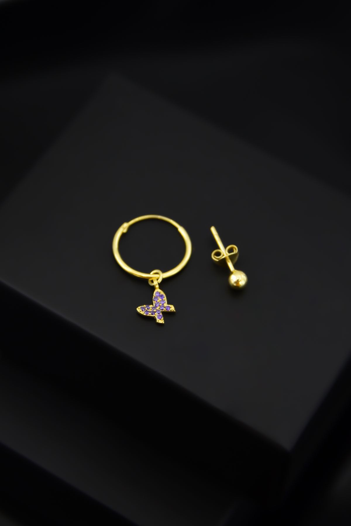 925 Ayar Gümüş Mor Taşlı Kelebek Model Halka ve Top Küpe