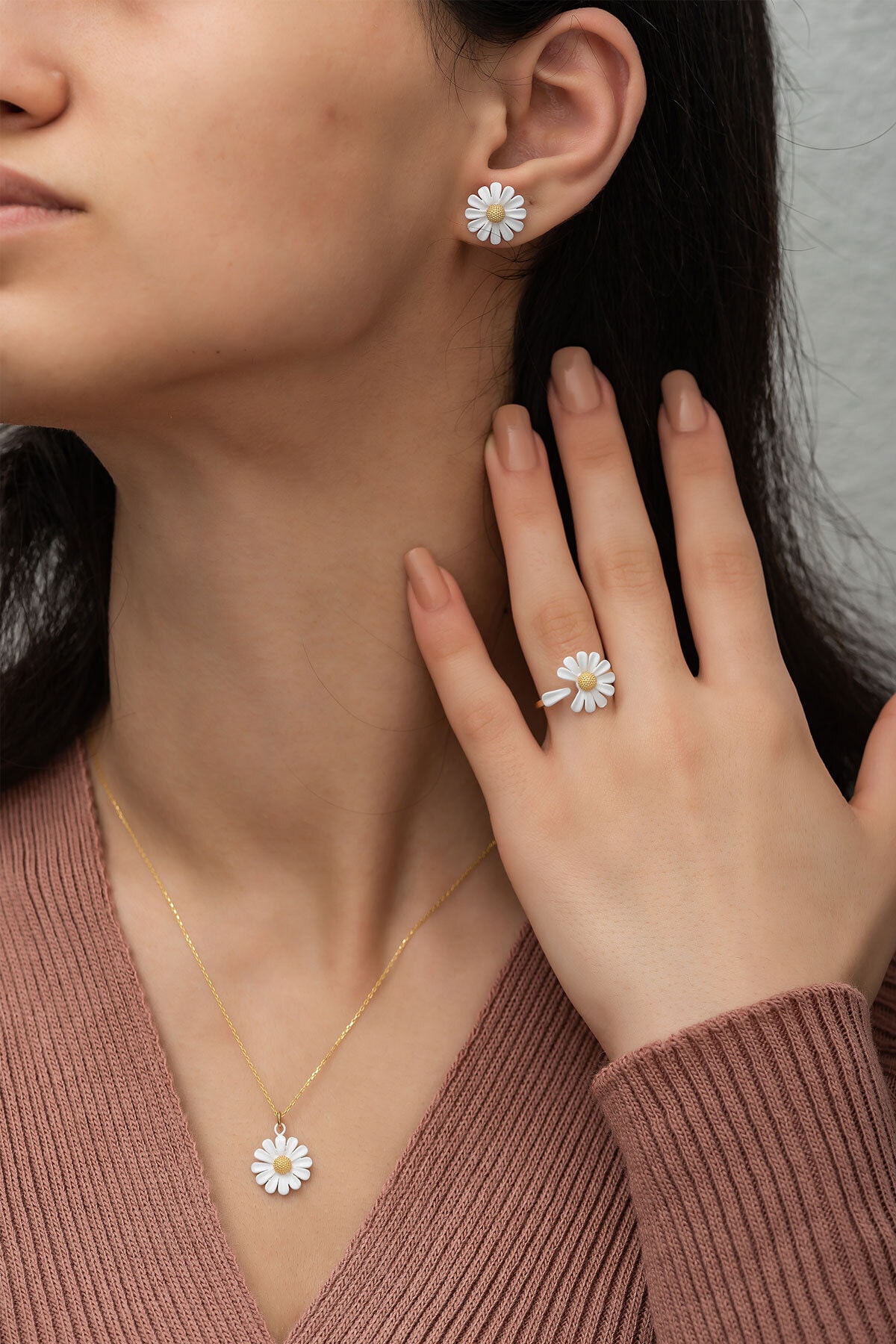 925 Ayar Gümüş Nano Mineli Özel Tasarım Altın Kaplama Papatya Set