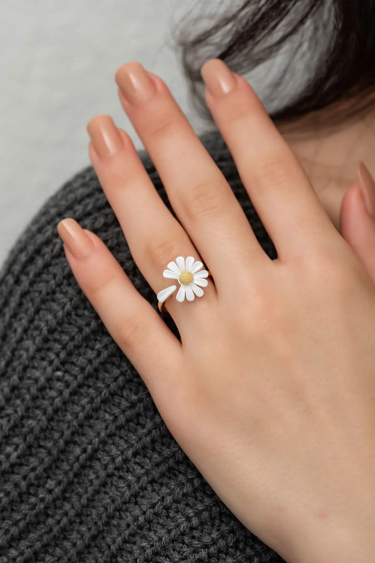 925 Ayar Gümüş Nano Mineli Papatya Yüzük Özel Tasarım Altın Kaplama