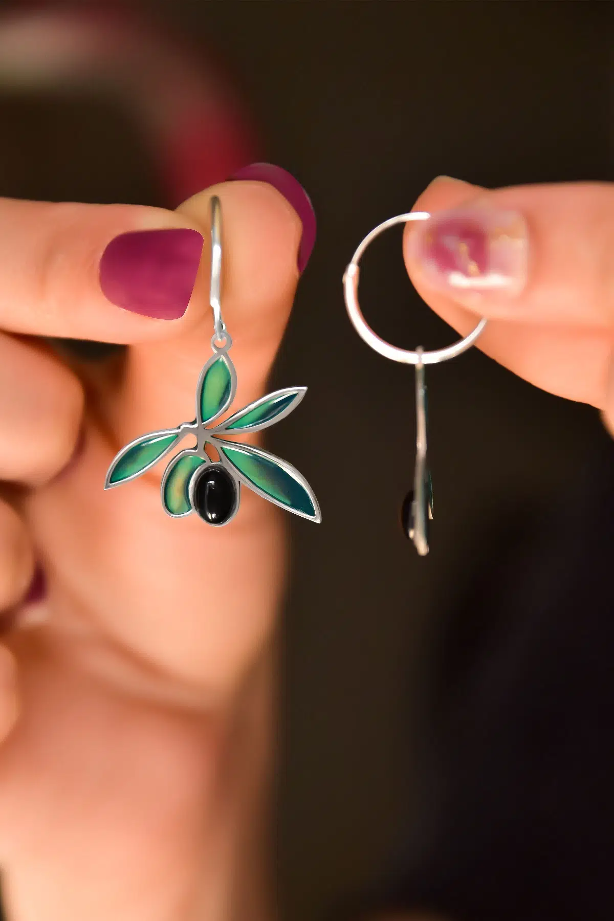 925 Ayar Gümüş Oniks Taşlı Zeytin Dalı Küpe.rose.gold.rodaj