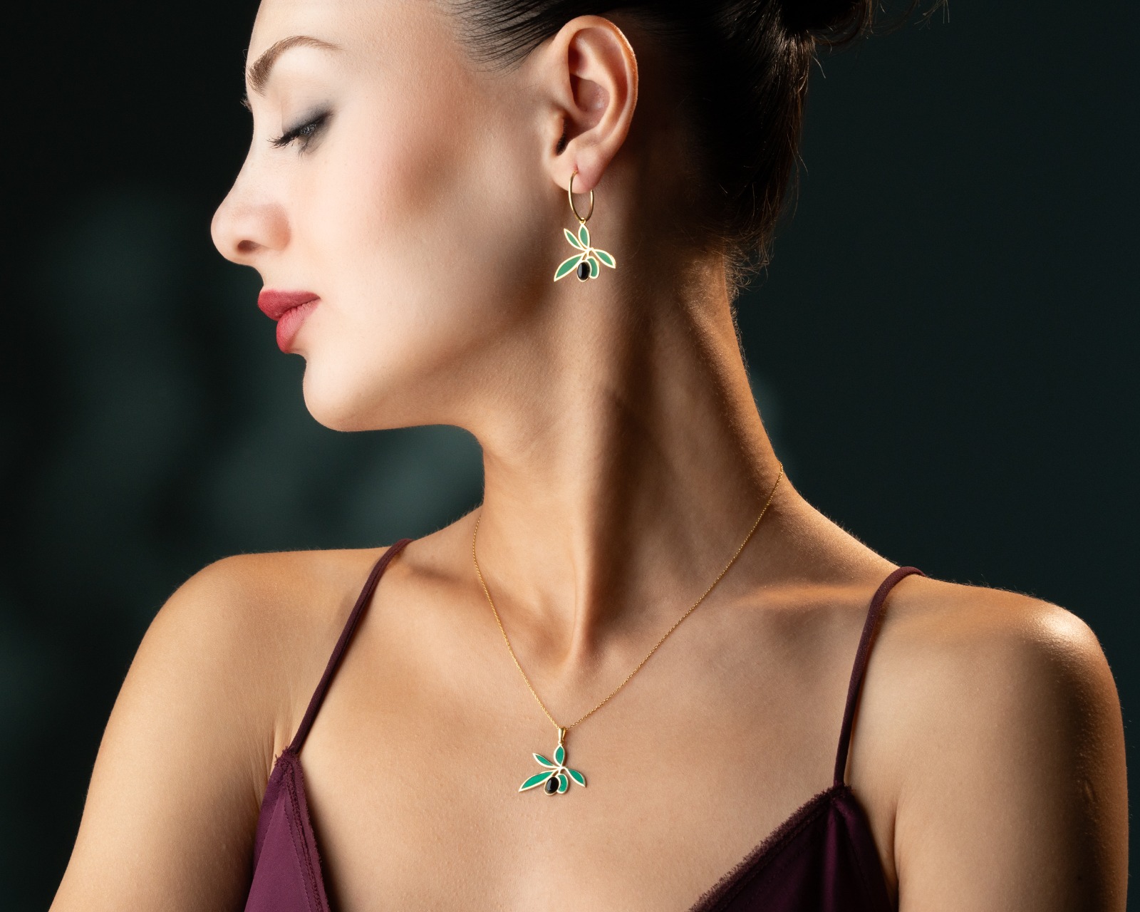 925 Ayar Gümüş Oniks Taşlı Zeytin Dalı Set.rose.gold.rodaj