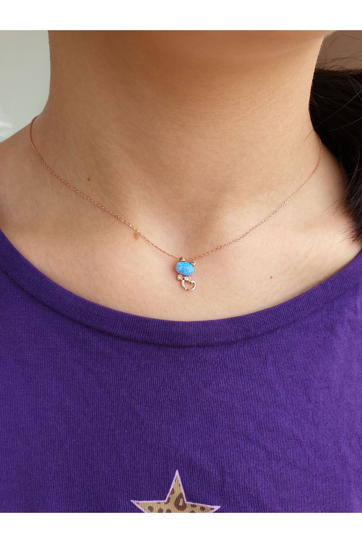 925 Ayar Gümüş Opal Taşlı Kedi Kolye