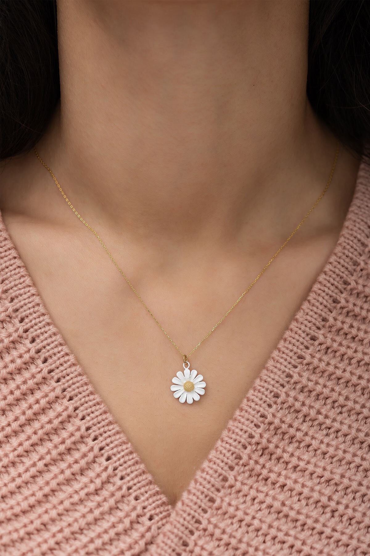 925 Ayar Gümüş Özel Tasarım Altın Kaplama Papatya Kolye