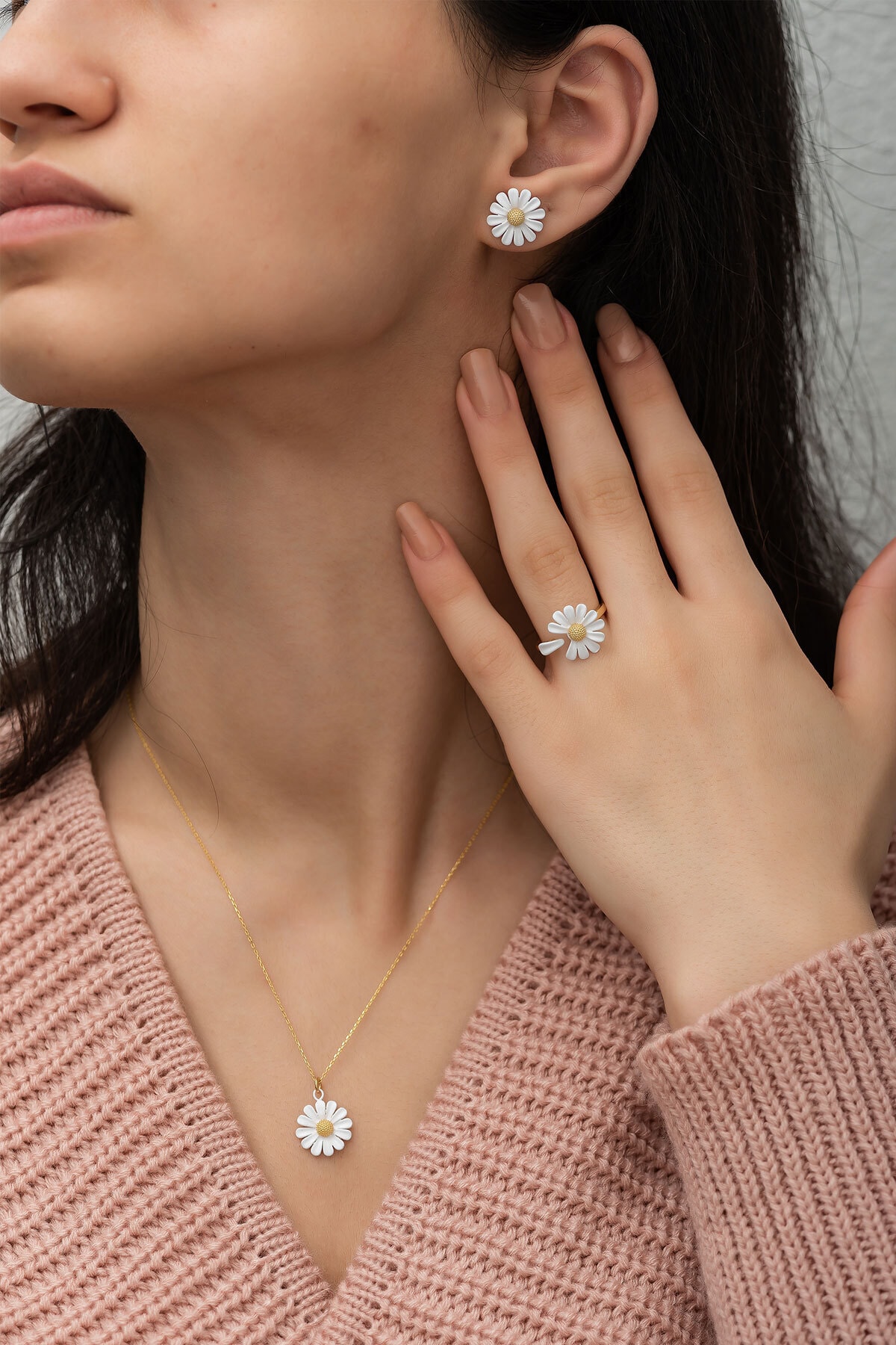 925 Ayar Gümüş Özel Tasarım Altın Kaplama Papatya Set