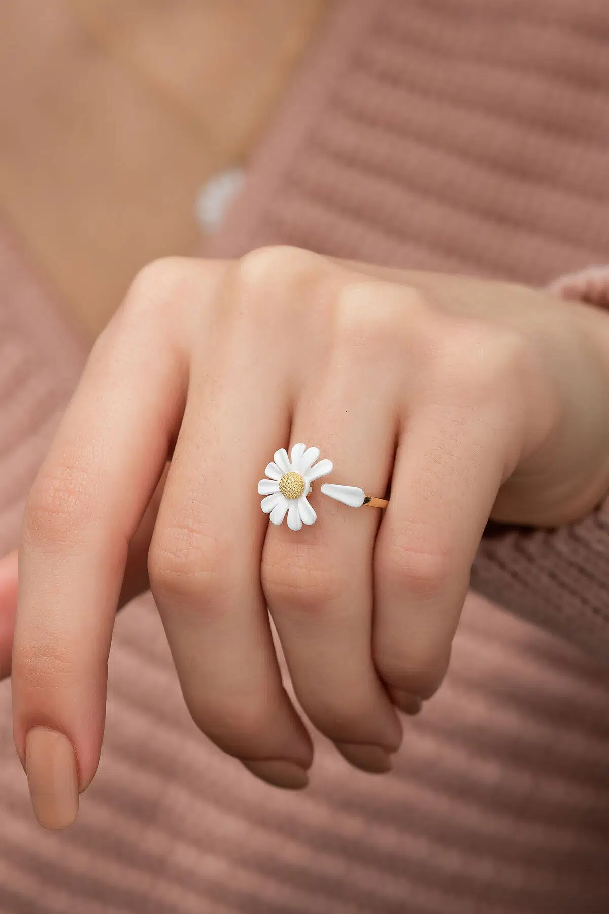 925 Ayar Gümüş Özel Tasarım Altın Kaplama Papatya Yüzük